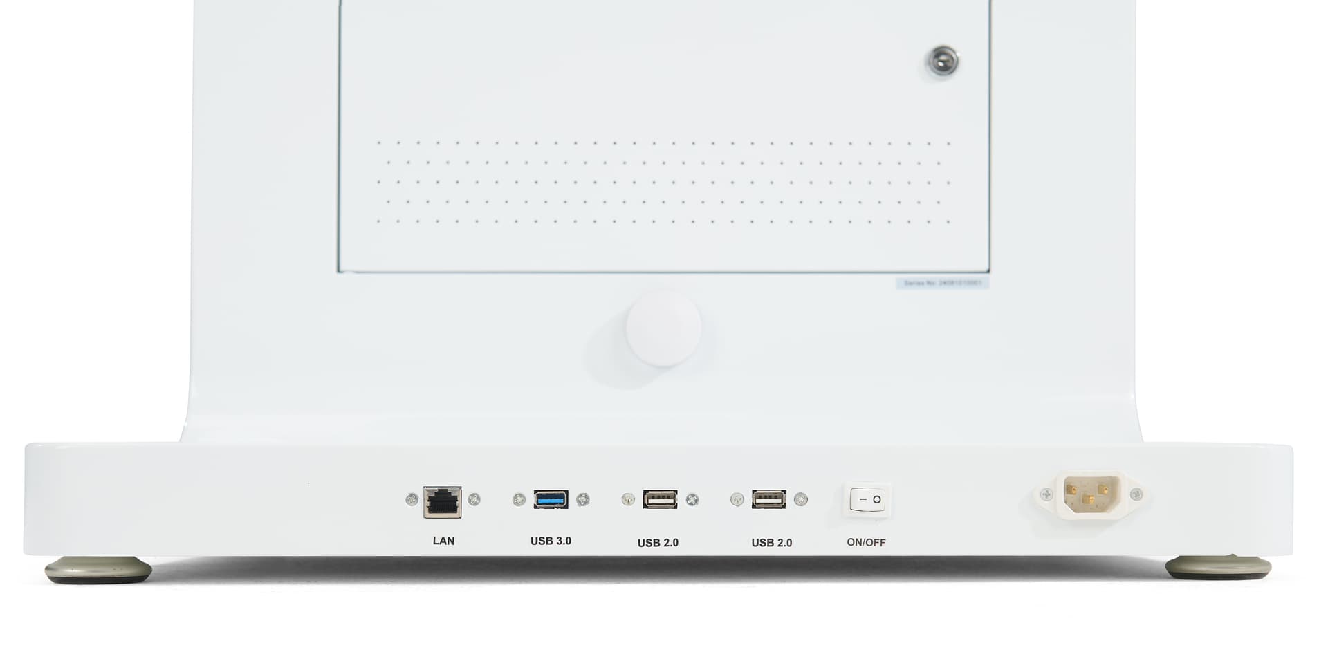 Floor standing touch screen kiosk with ports located on the back of the base of the interactive unit