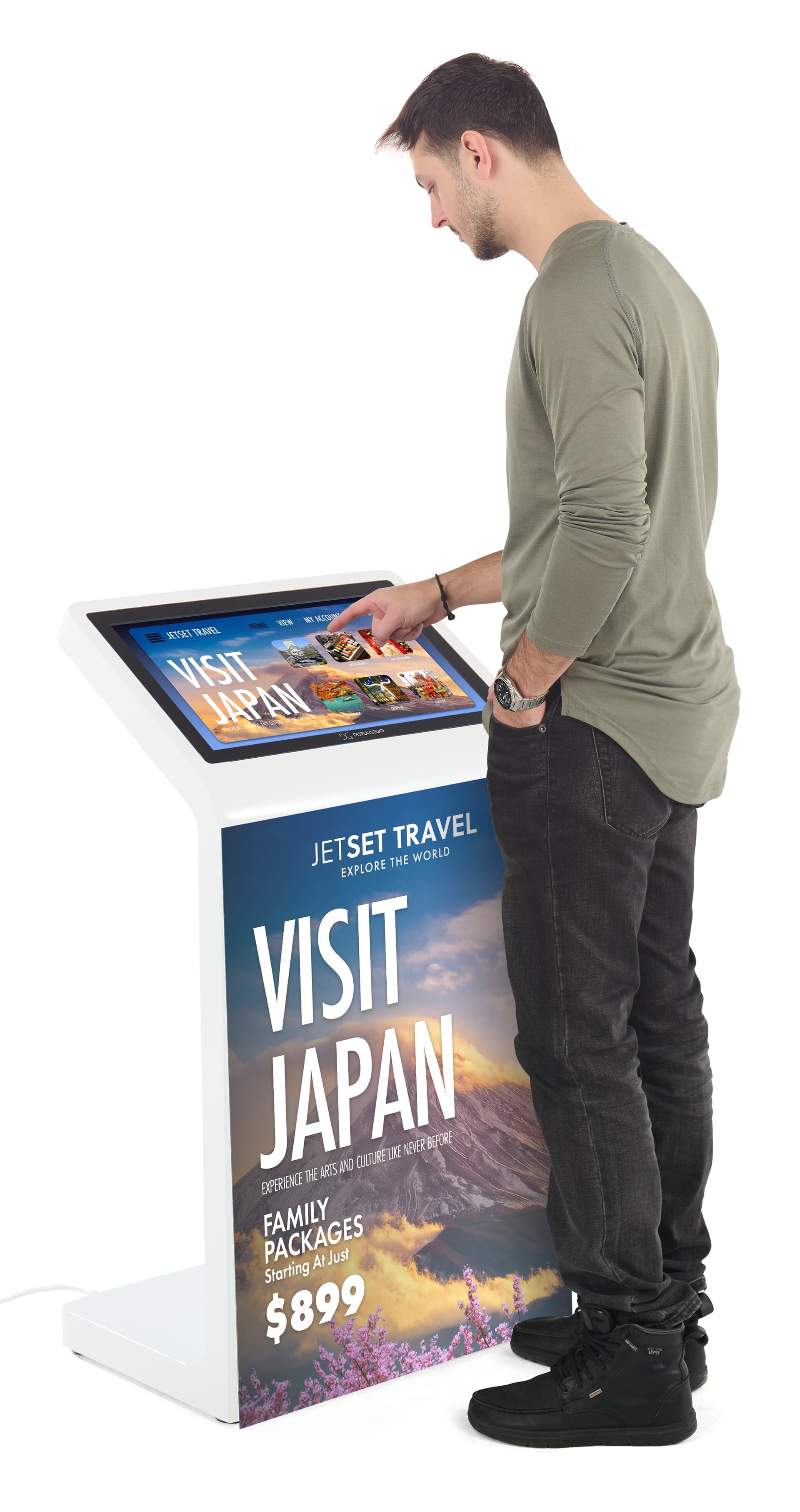 Floor standing touch screen kiosk with subject interacting with the sleek white interactive unit
