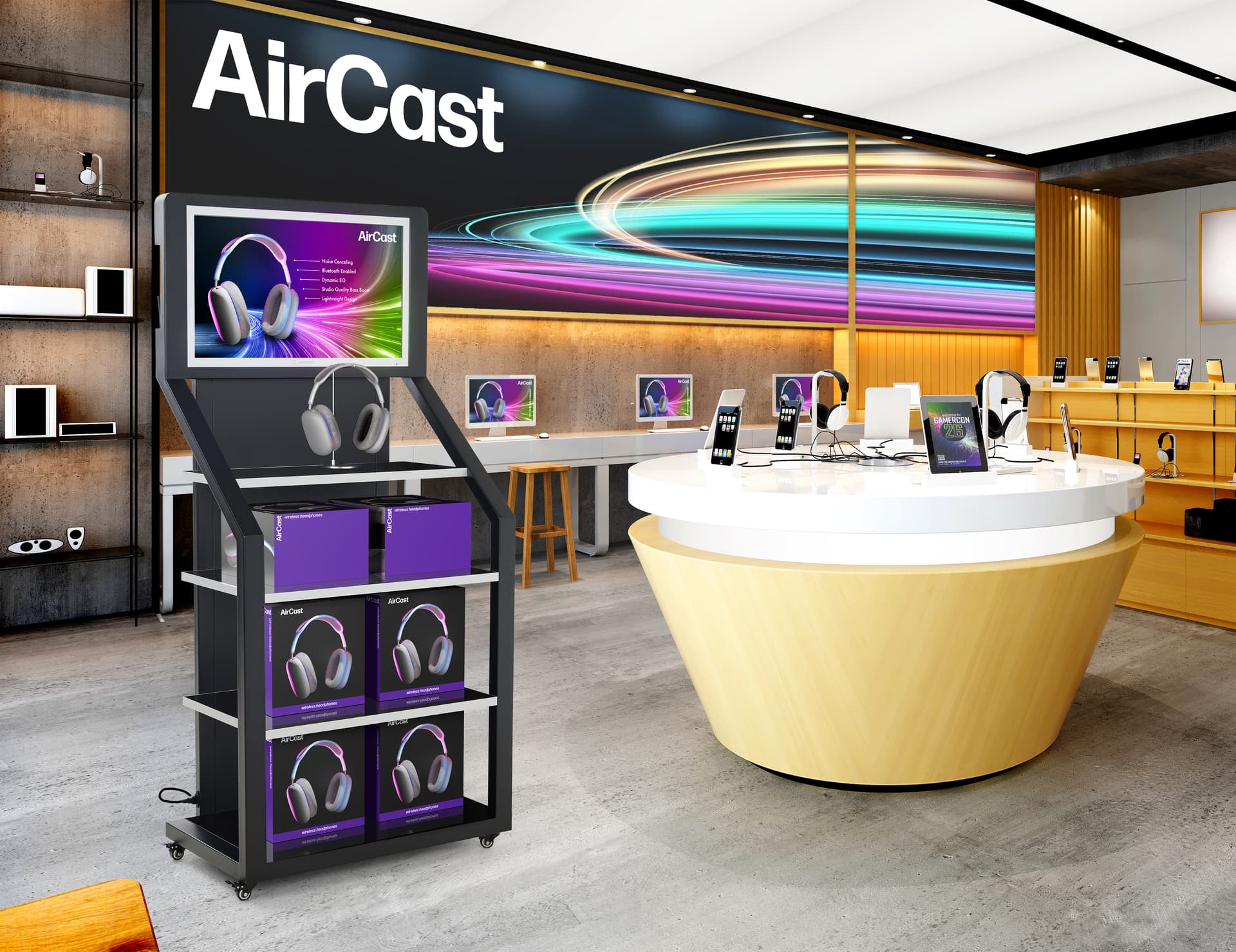 Product display shelves being showcased in tech retail store