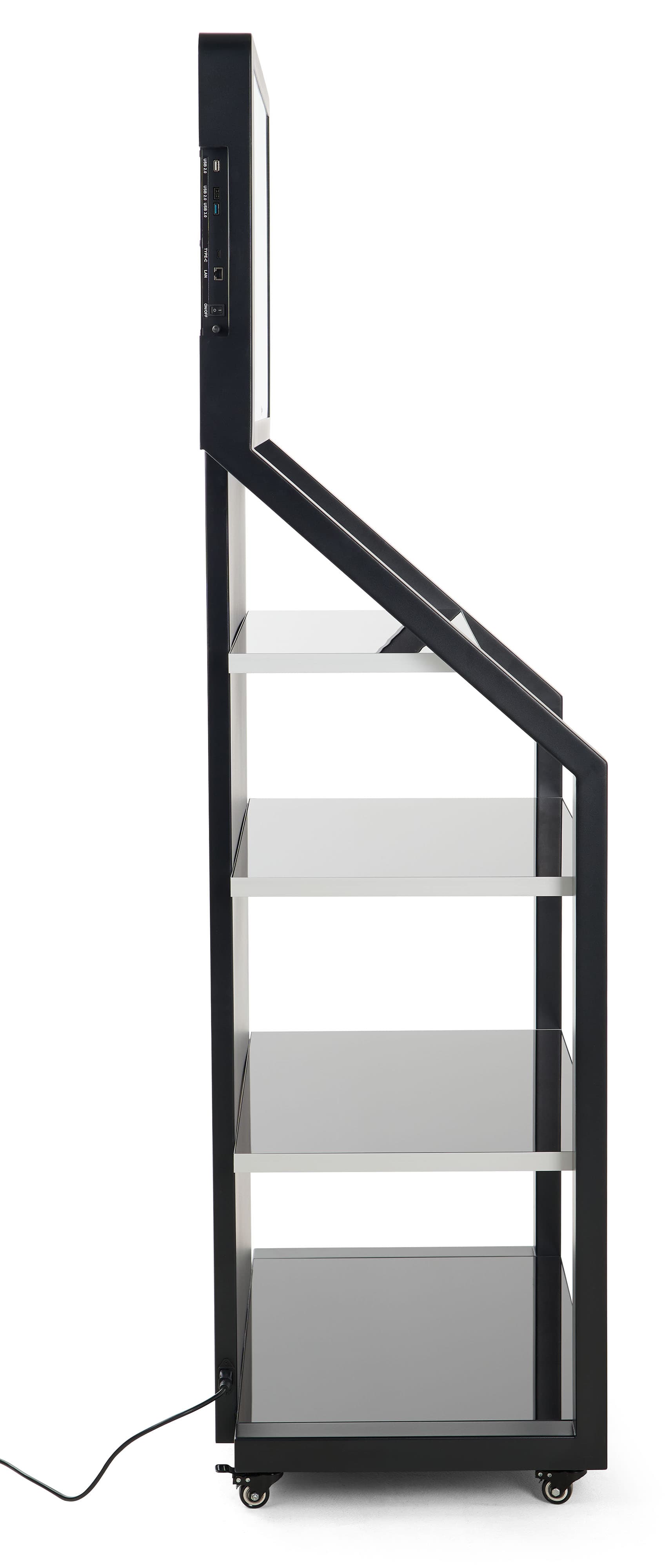Product display shelves showing rolling and locking wheels