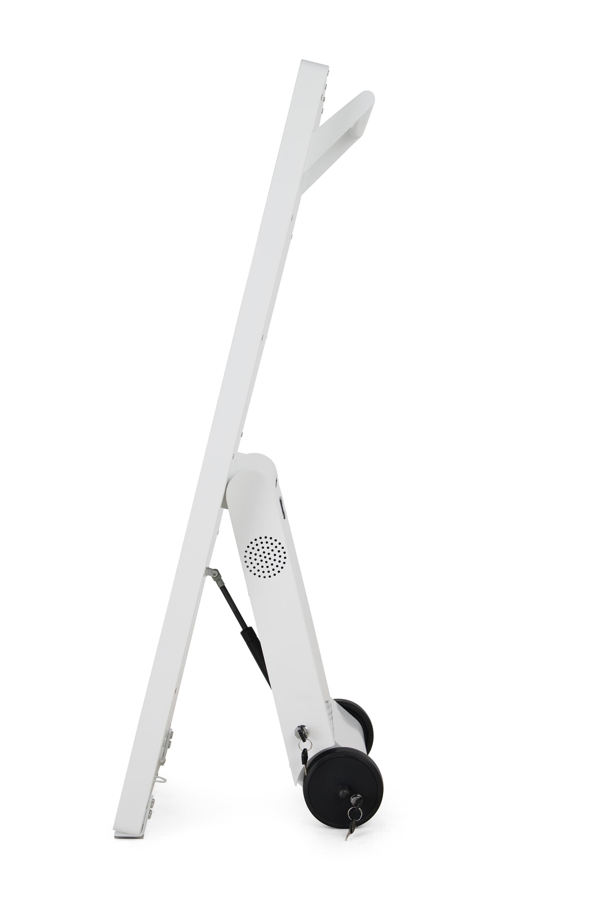 Mobile digital signage with locking wheels to prevent unwanted movement