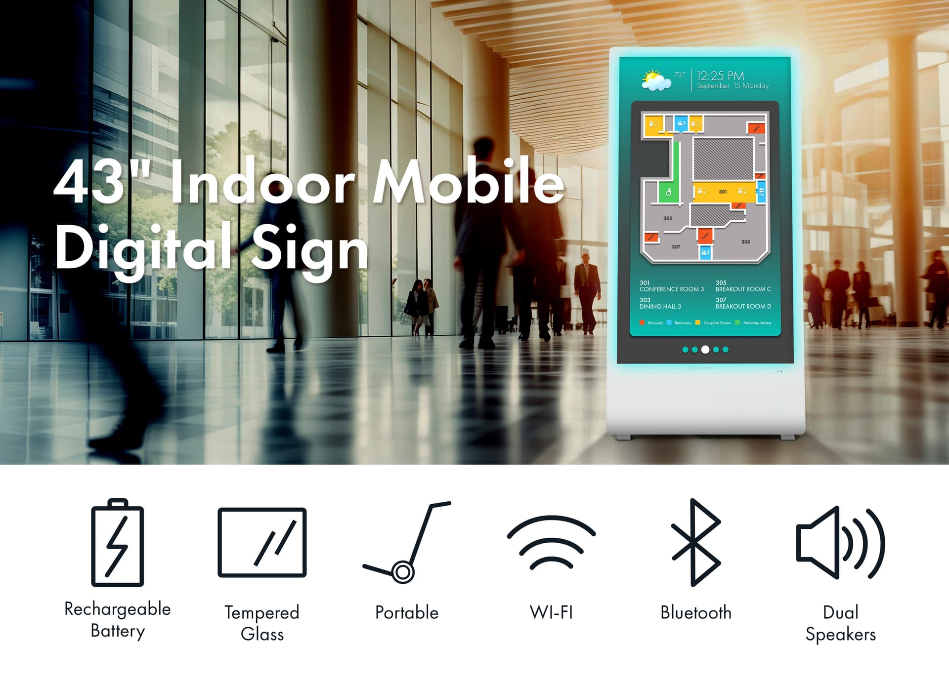 Graphic image of features listed alongside an image of a mobile digital sign