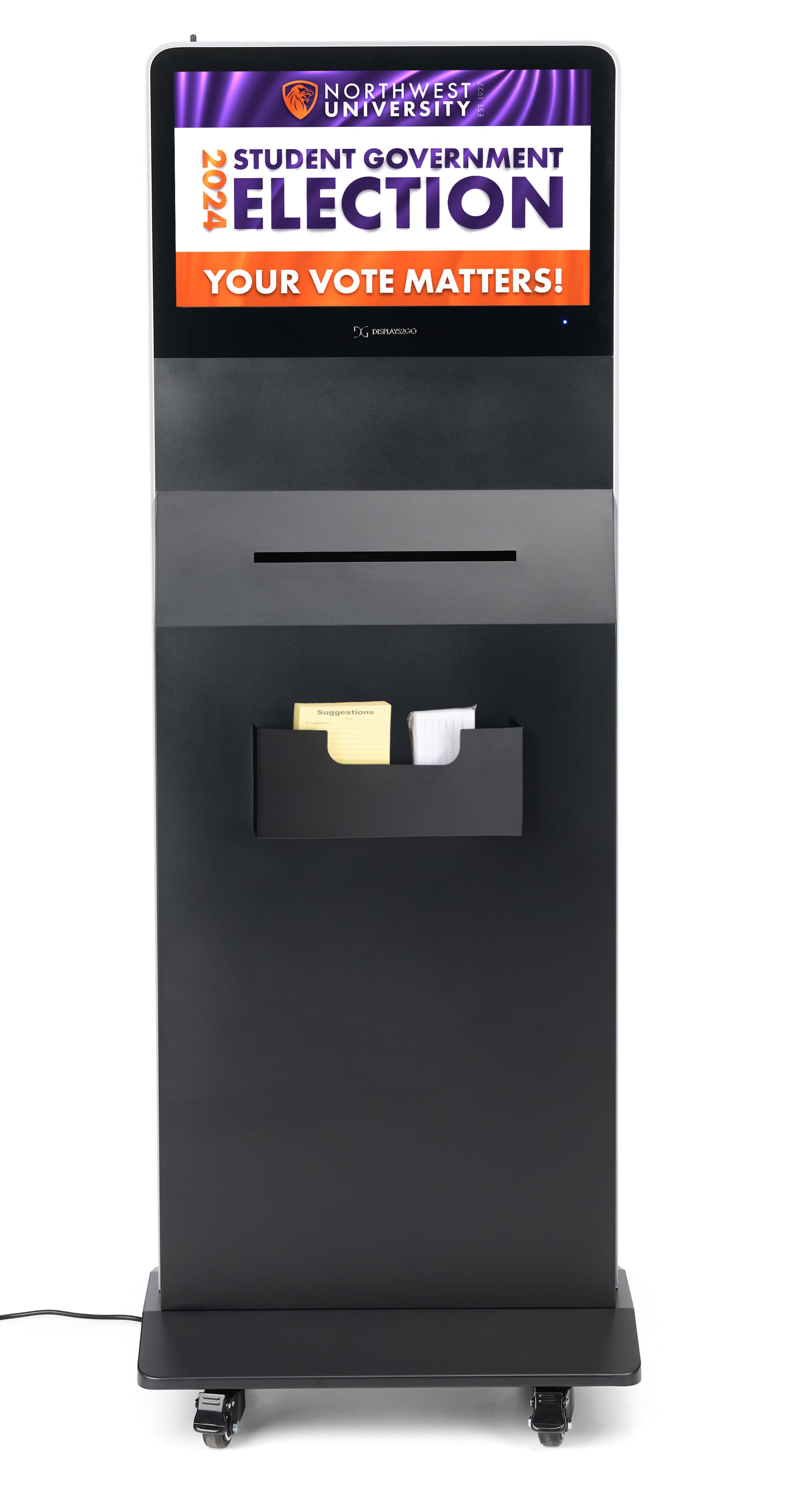 Floor standing suggestion box with video screen and steel material
