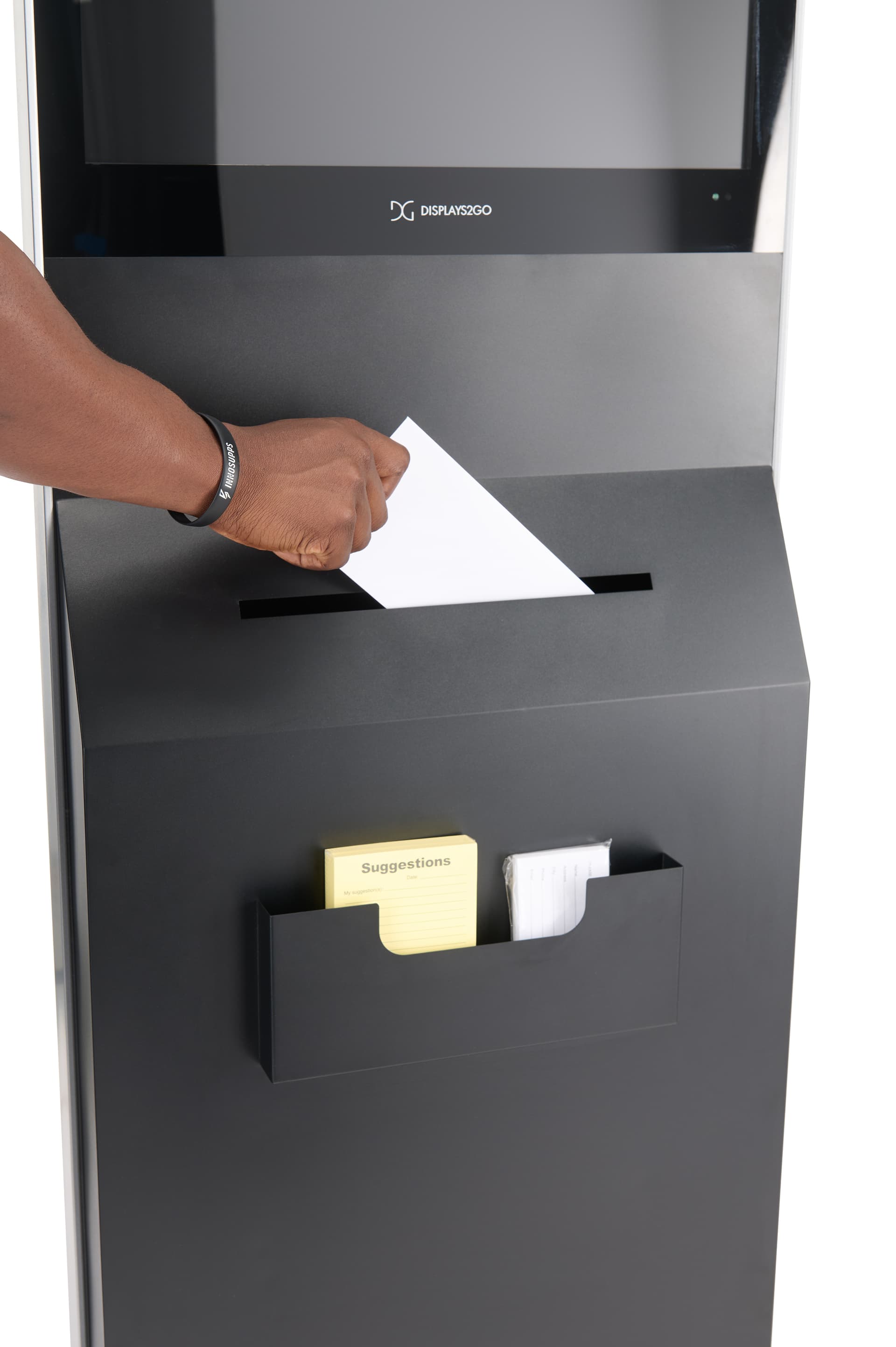 Floor standing suggestion box with video screen and 12"W x 0.5"D slot hole