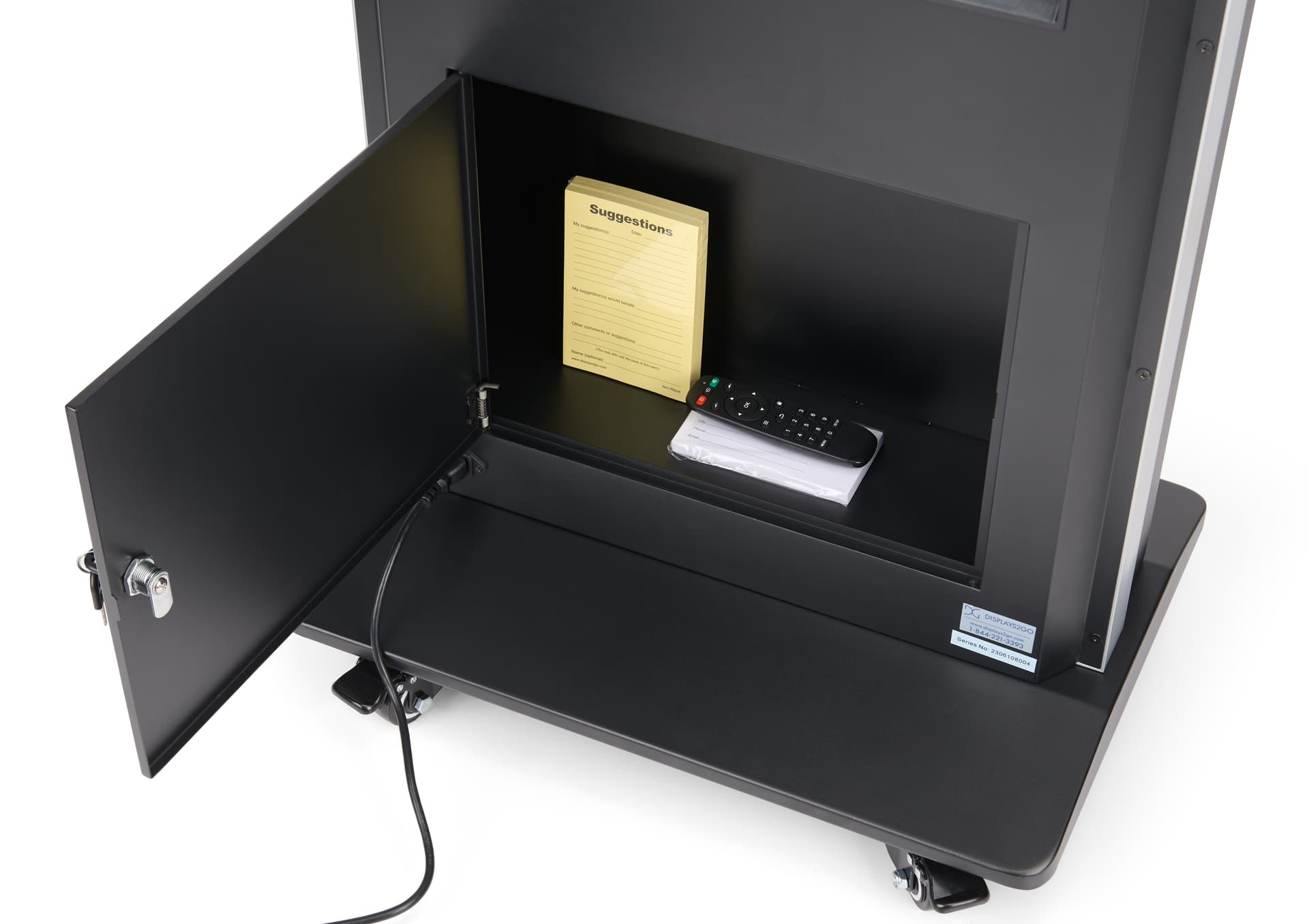 Floor standing suggestion box with video screen and locking door