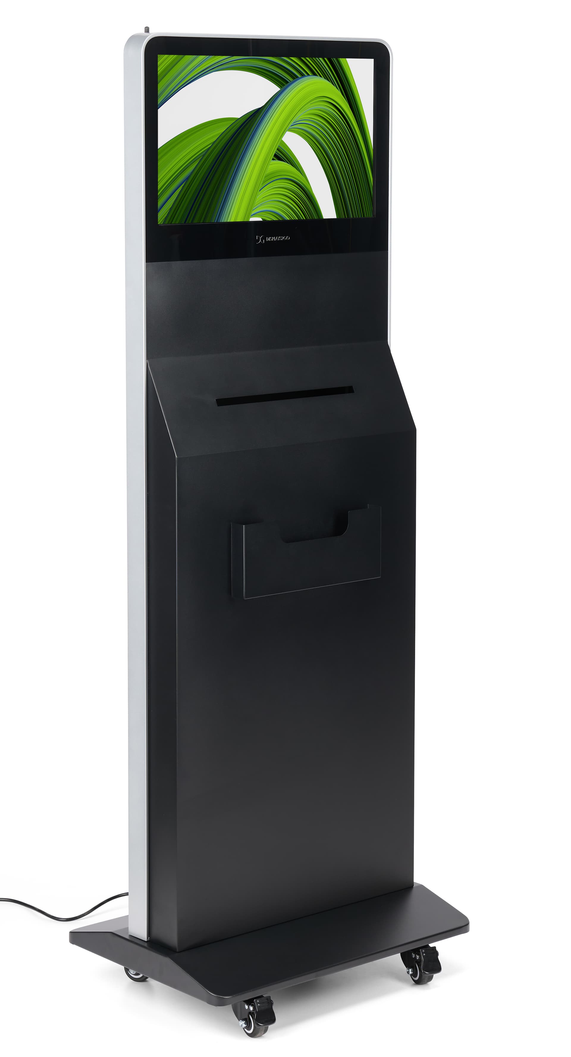 Floor standing suggestion box with video screen and caster wheels
