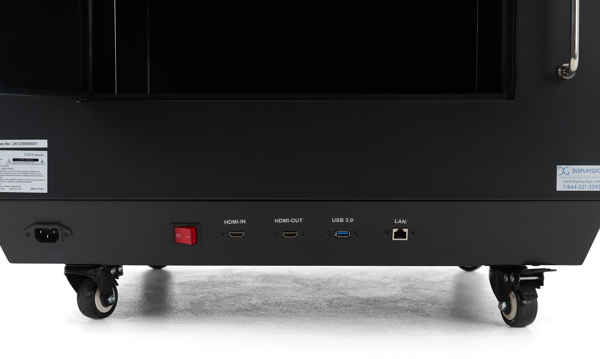 Three-sided digital signage totem with ports located on the bottom of the back side of the countertop