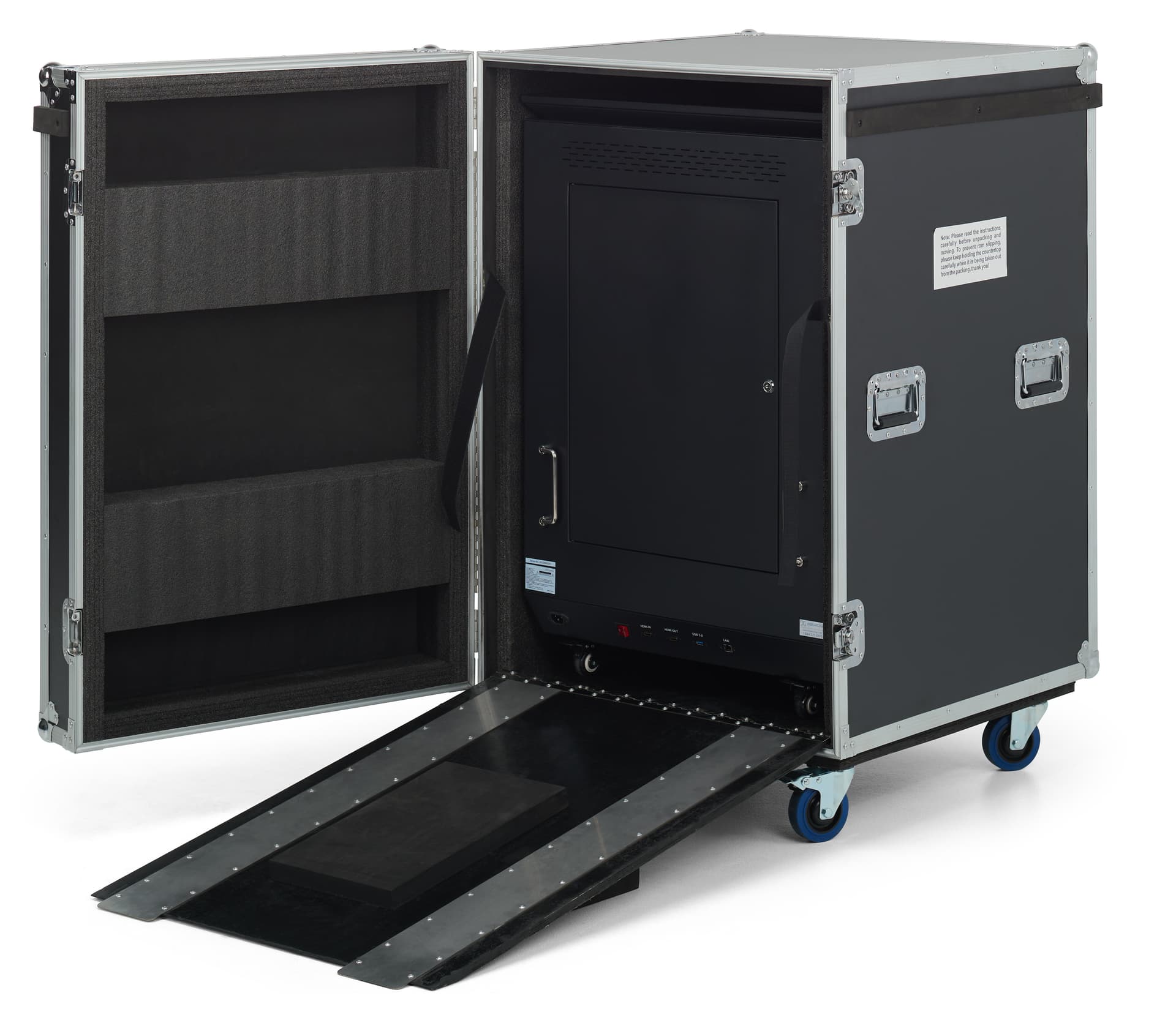 Three-sided digital signage totem with built-in ramp in each storage case thats included with each direct view LED counter