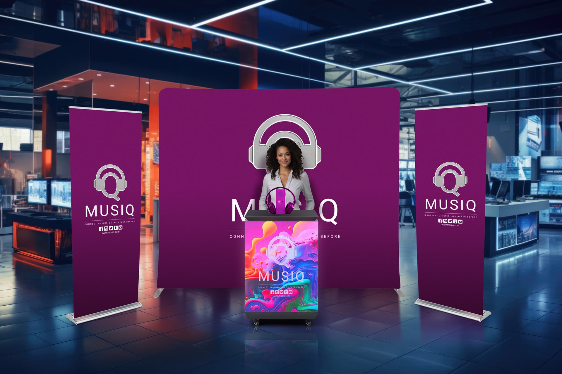 Three-sided digital signage totem being utilized within a trade show booth at a tech trade show
