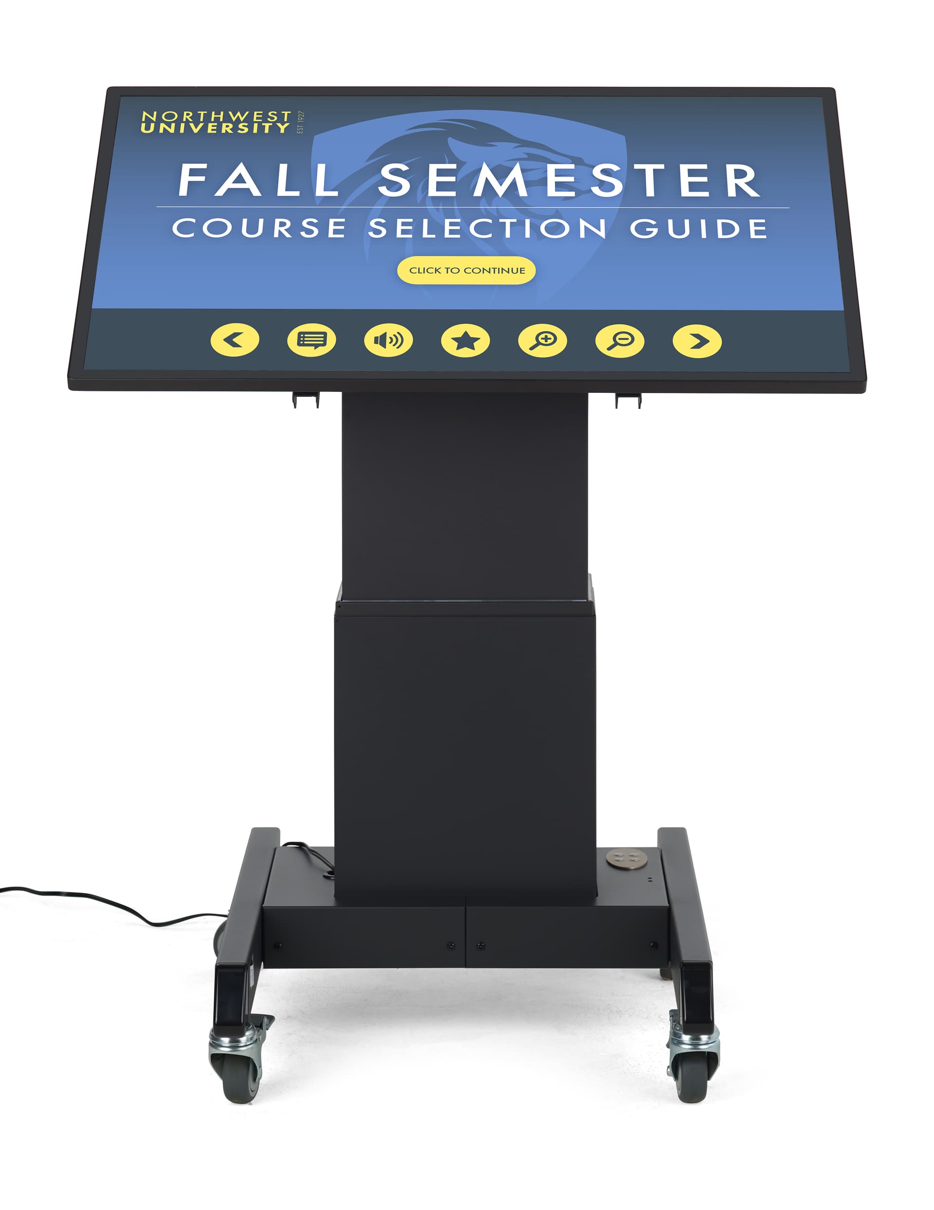 Touch screen digital signage with motorized lift and adjustable tilt