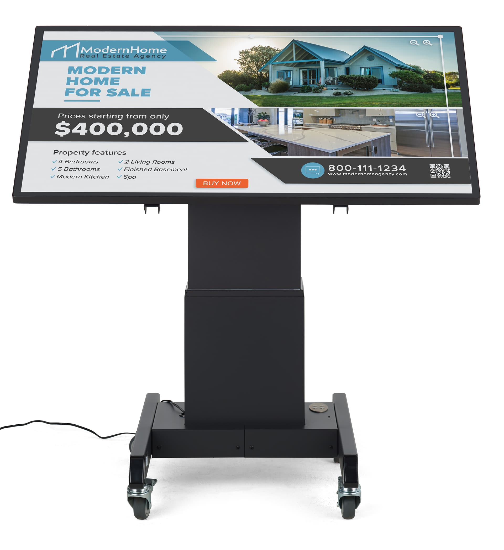 Touch screen digital signage with motorized lift and HD resolution