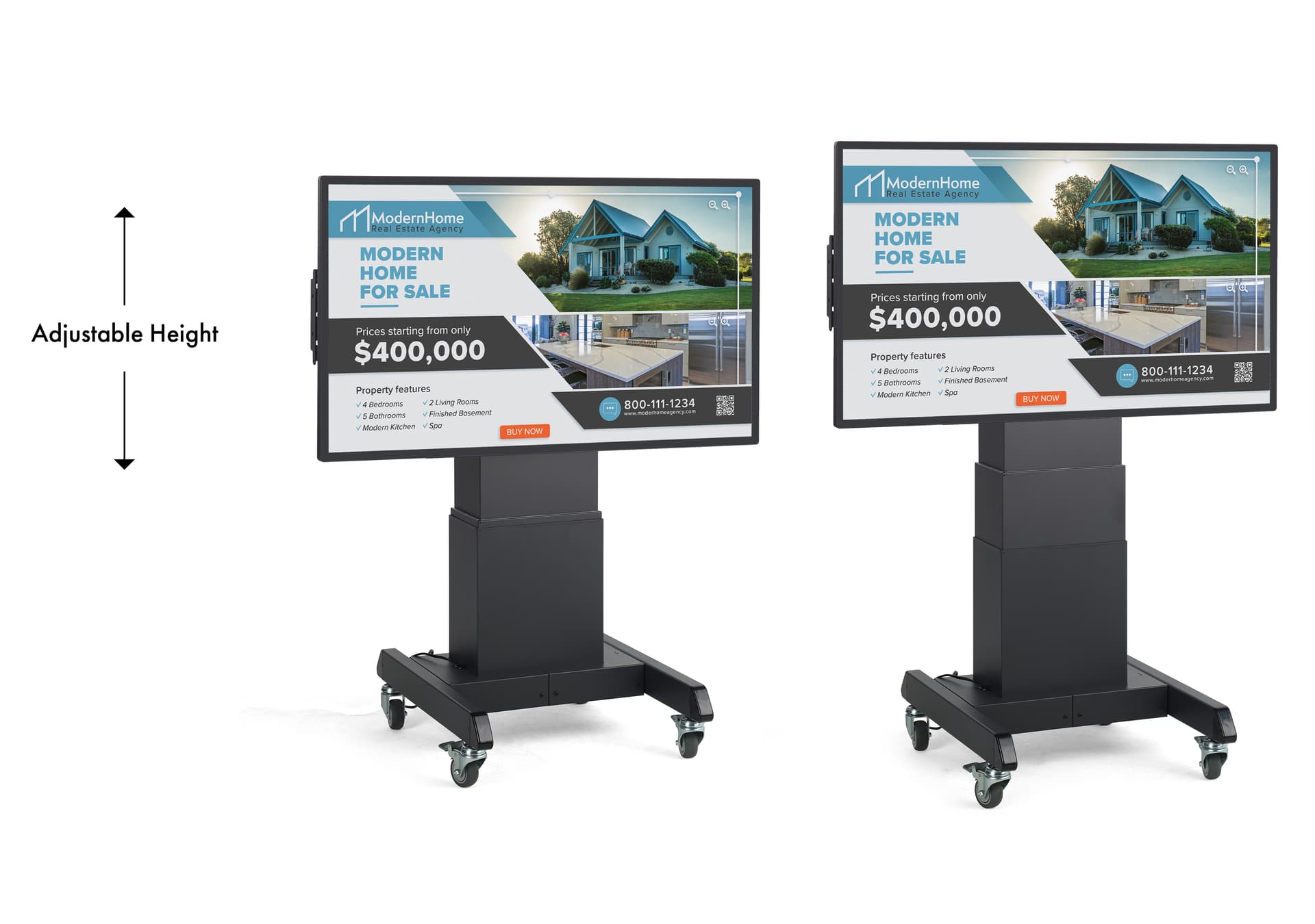 Touch screen digital signage with motorized lift and adjustable height options