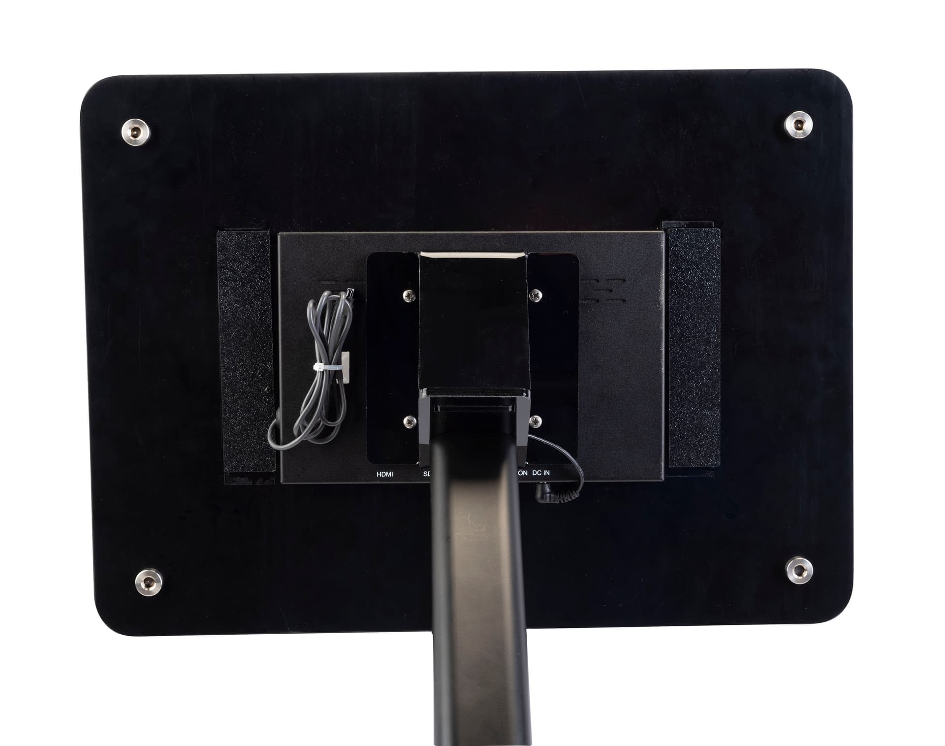 Small digital display stand features sleek design for easy placement