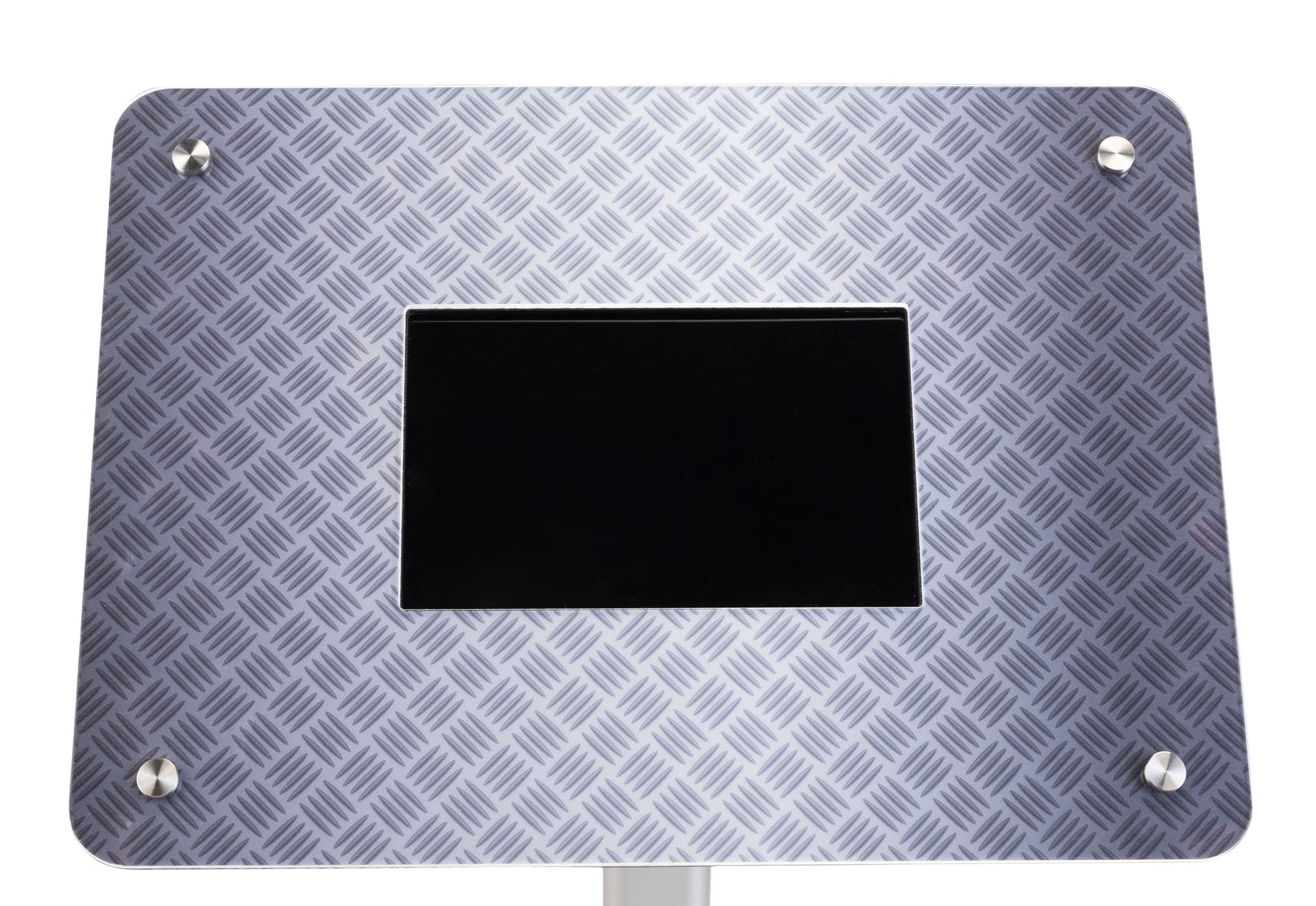 Small digital display stand includes digitally printed graphic diamond plate frame