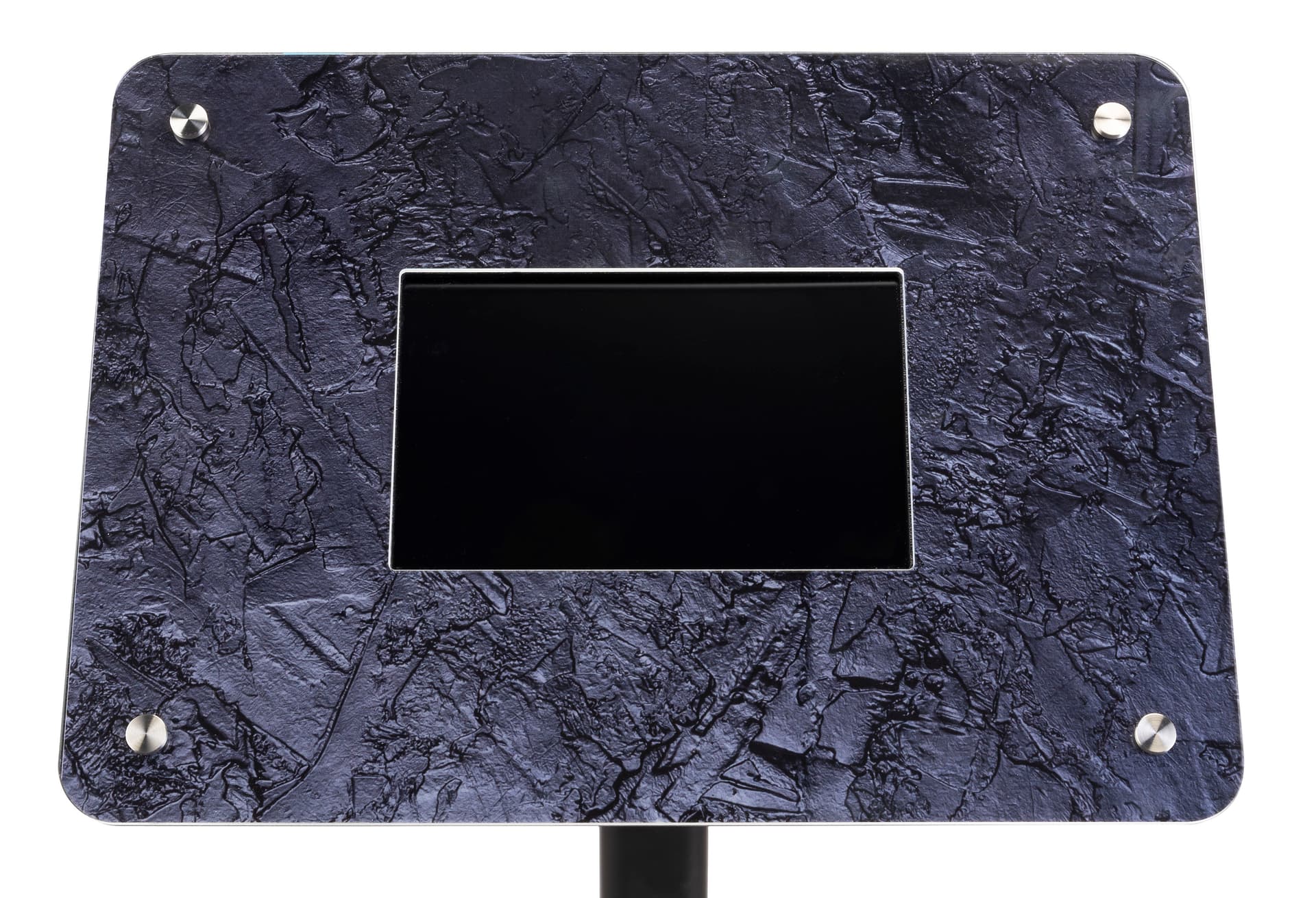 Small digital display stand includes graphic granite look frame