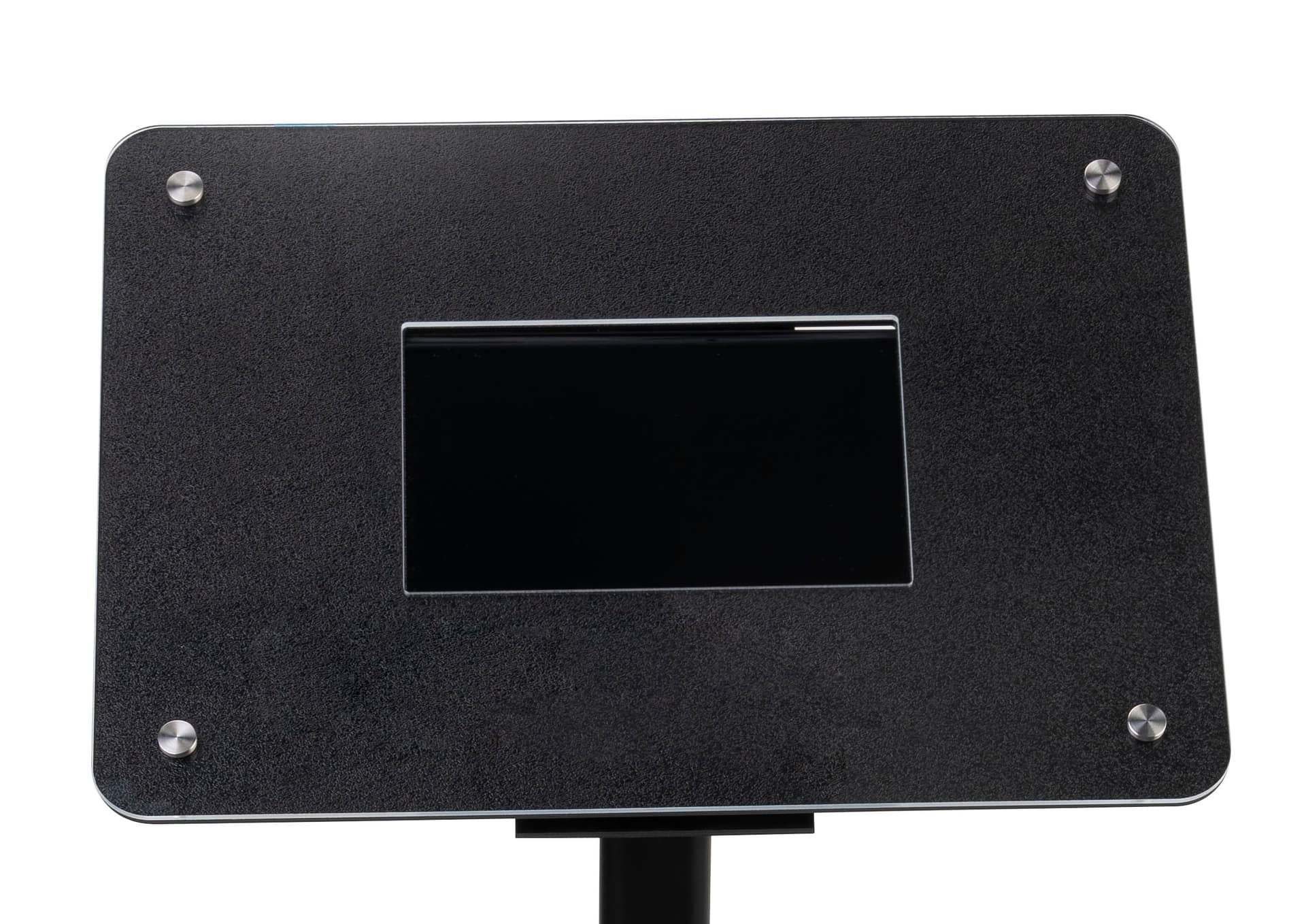 Small digital display stand includes stylish wide face frame  