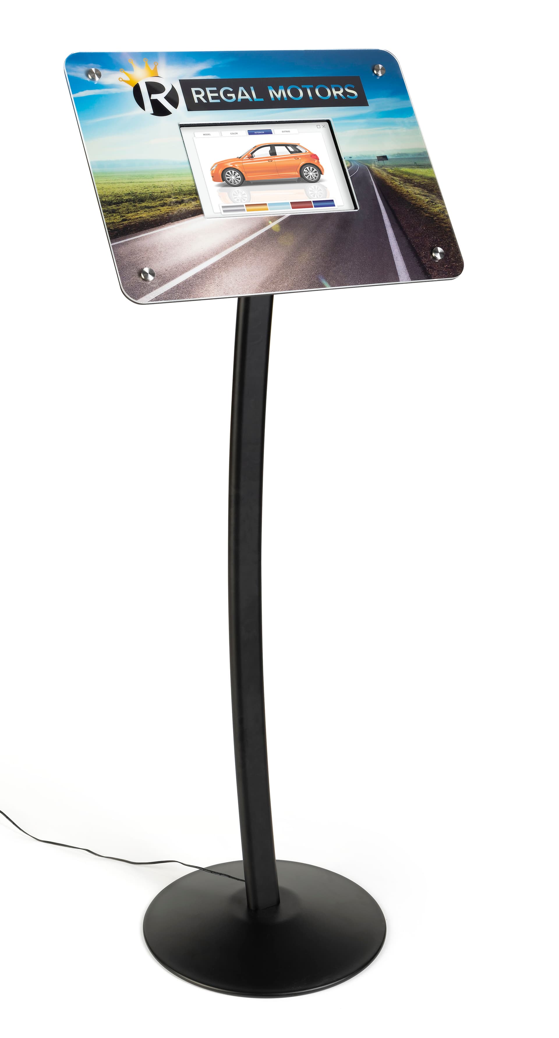 Custom frame for DPF101 digital sign stands with black free standing weighted base pedestal
