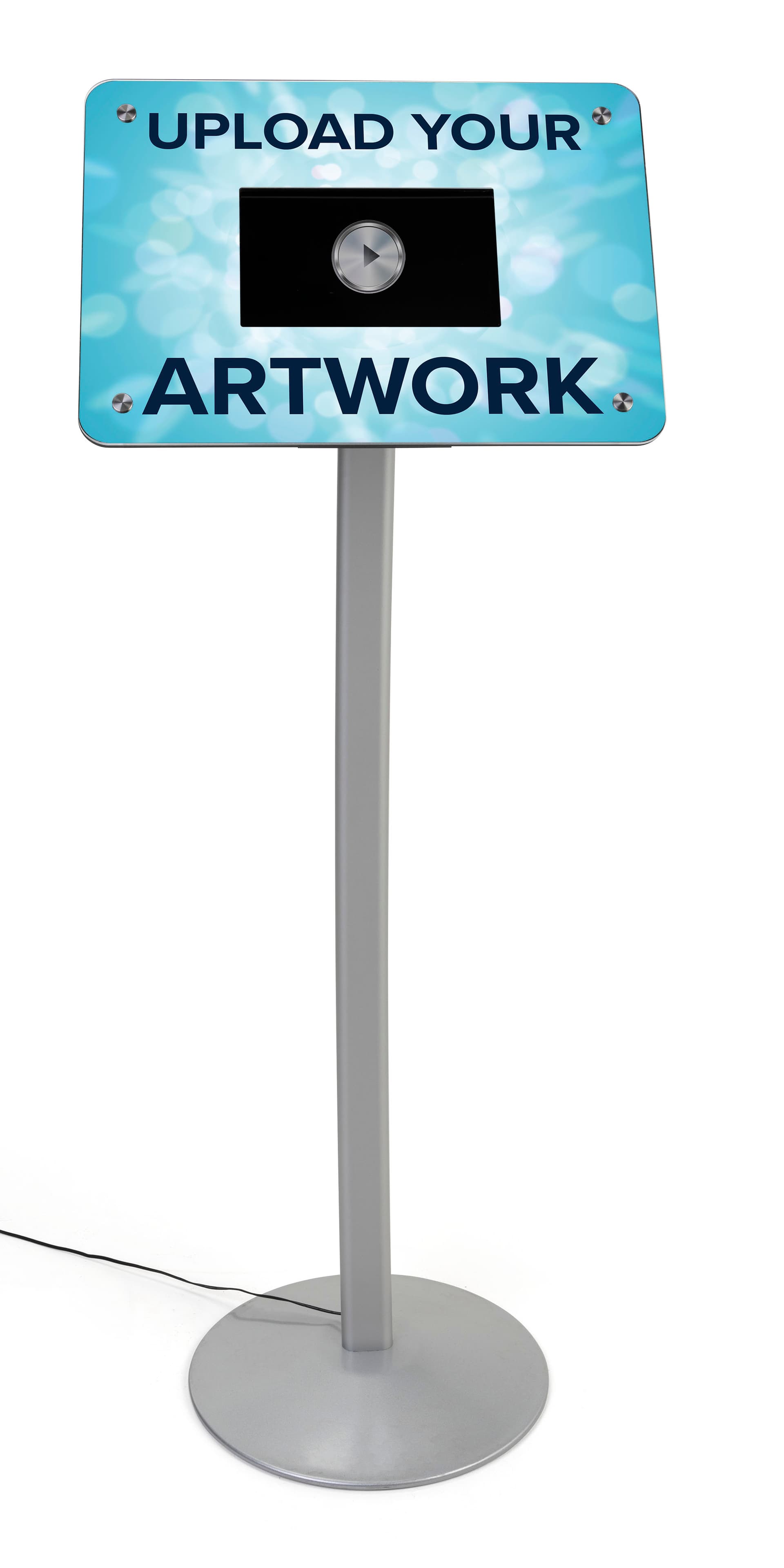 small digital signage stand, with free standing silver pedestal