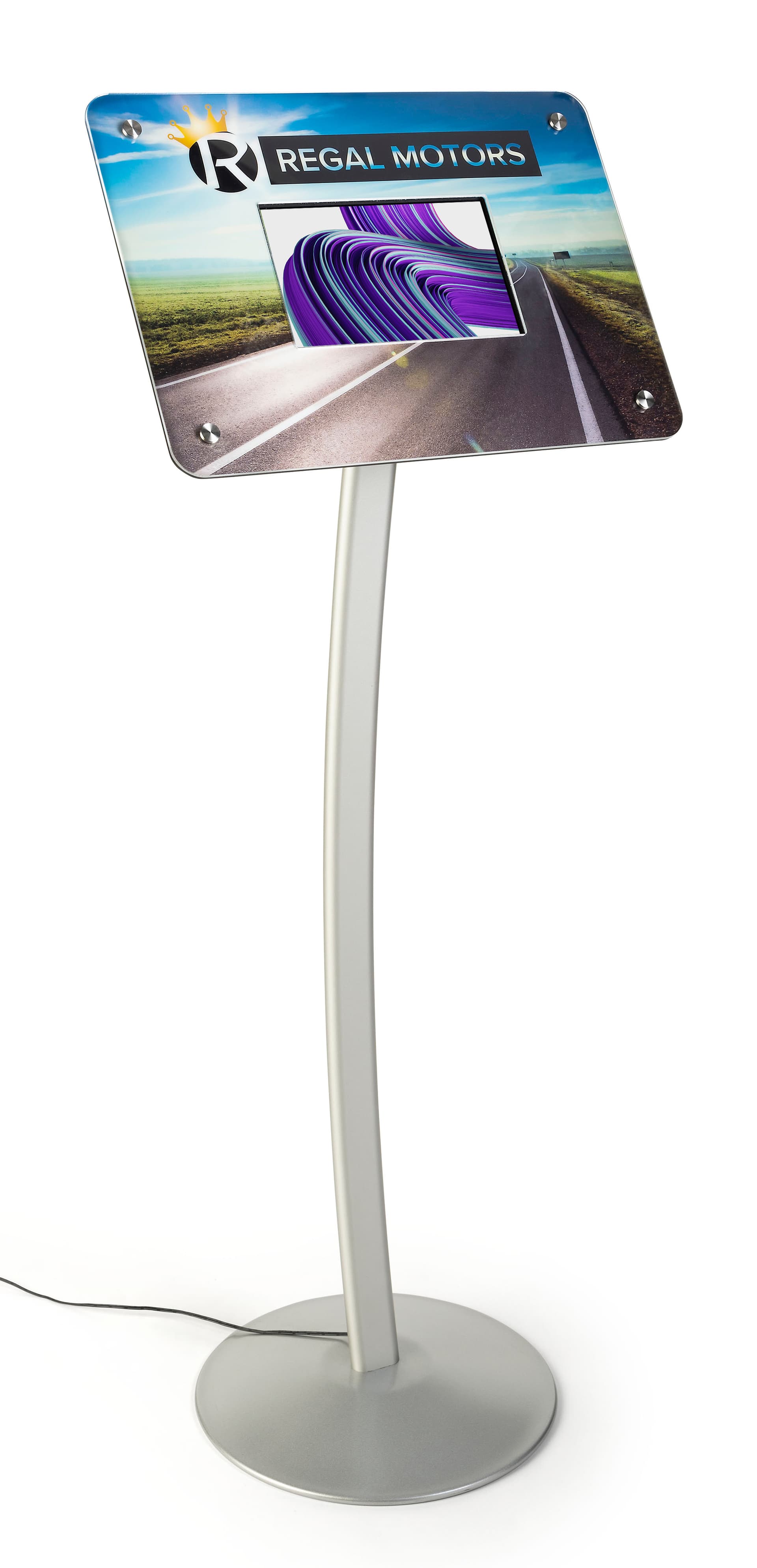 Small digital signage stand with custom printed graphic frame