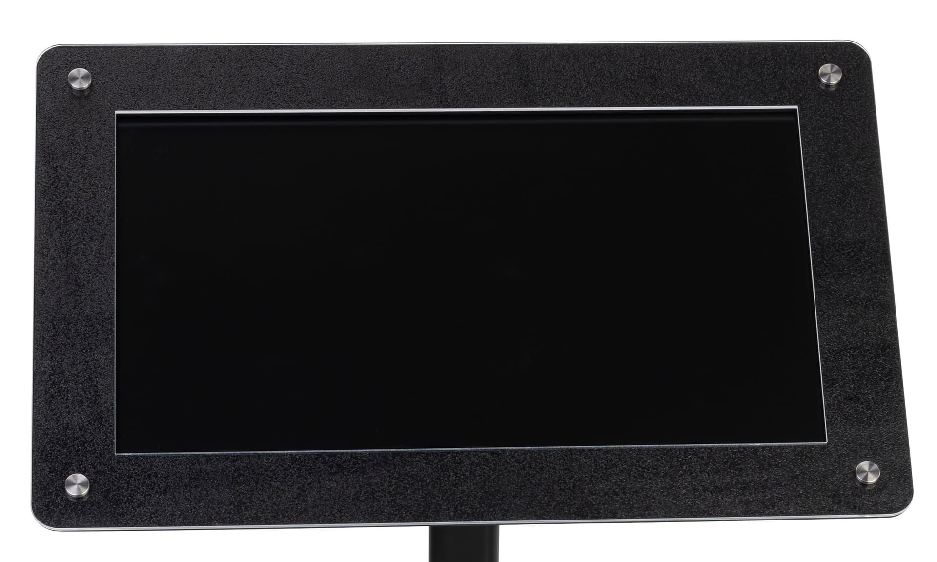 Digital poster pedestal stand features this stone look frame with acrylic cover
