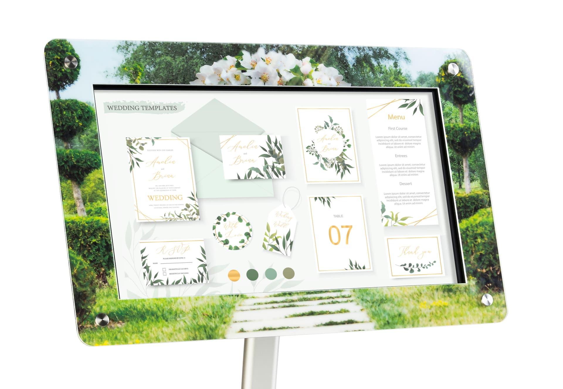 Custom frame for DPF215 digital sign stands with full color graphics