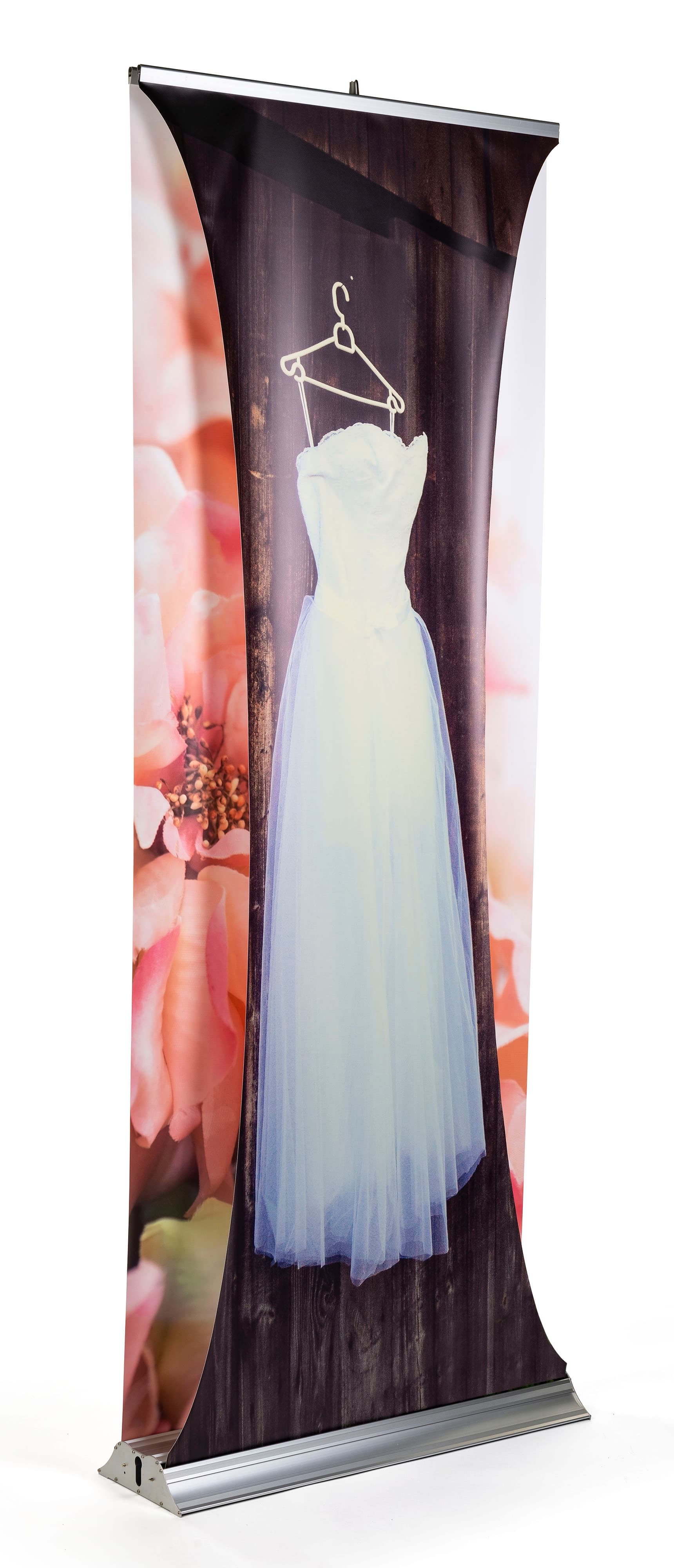 3D layered roll up banner stand features dual retractable panels