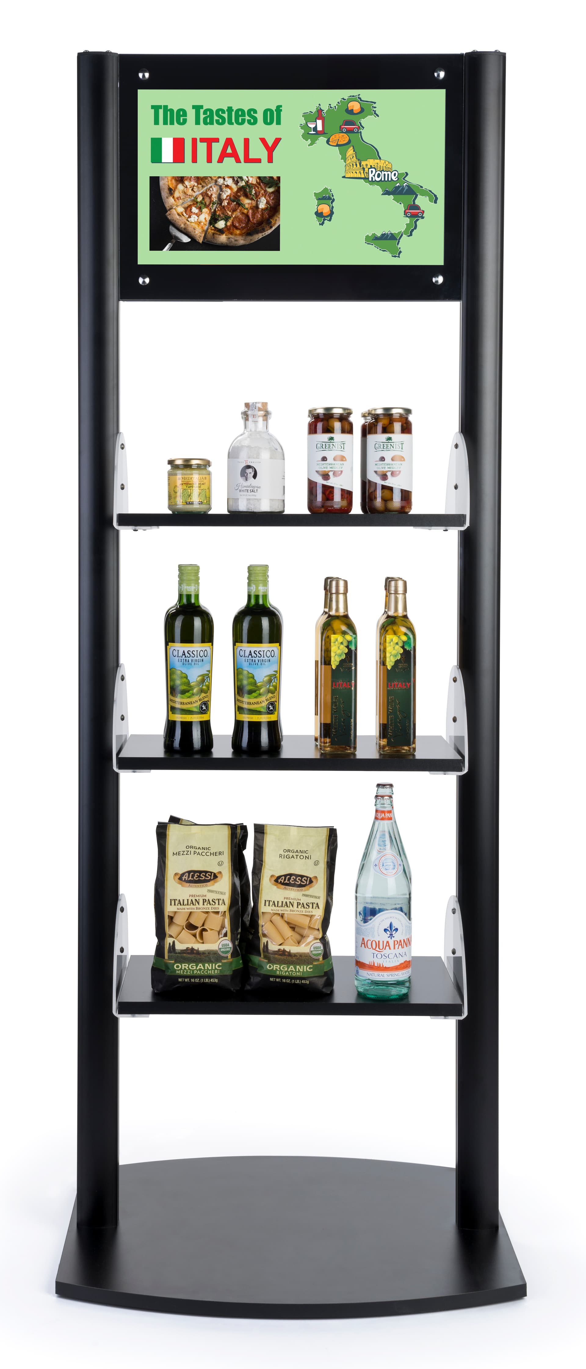 Adjustable digital sign merchandising shelves