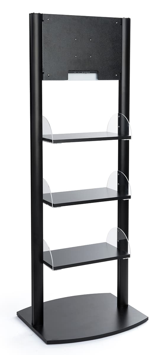Digital sign merchandising shelves with built-in speakers