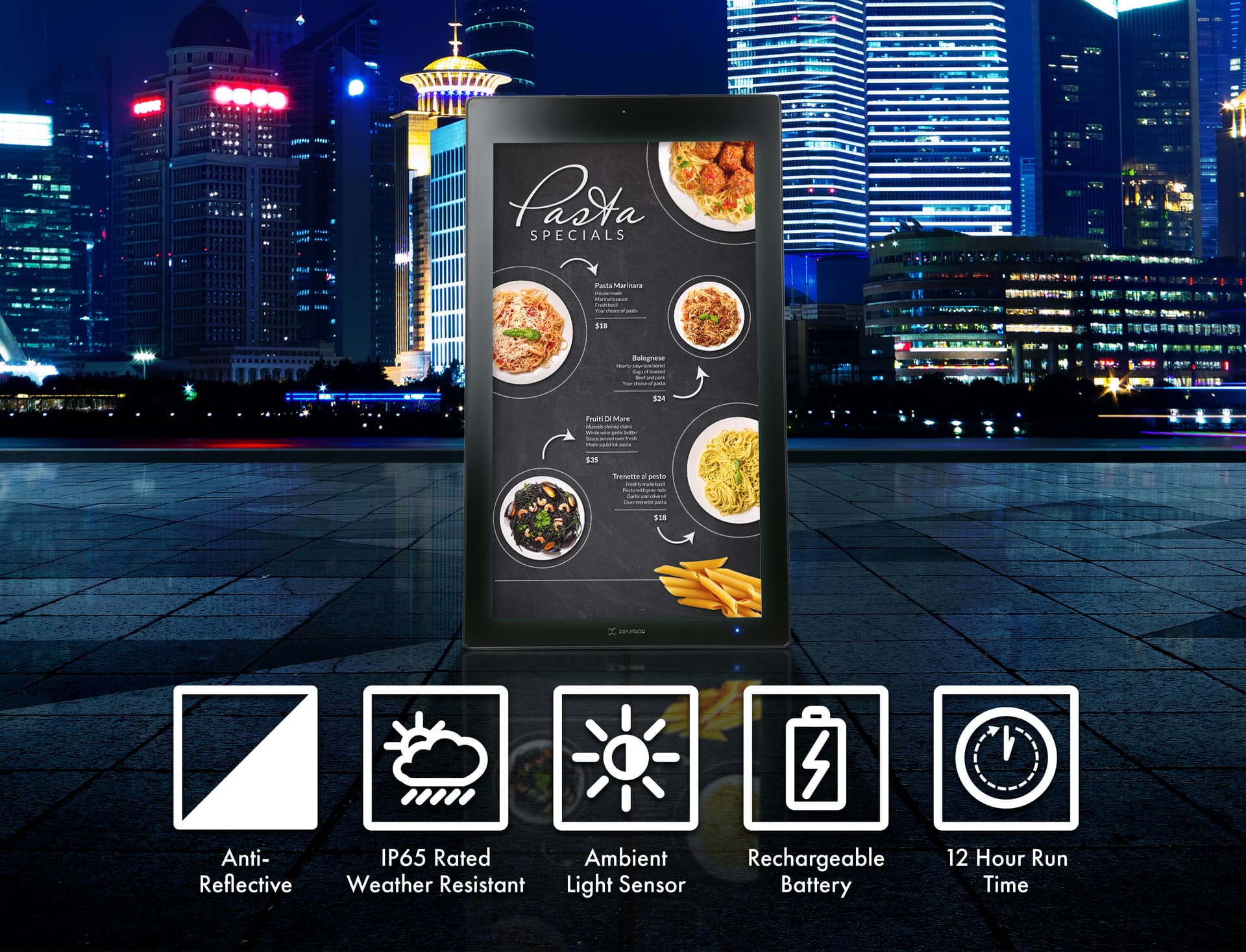 Infographic of portable outdoor digital sign with features highlighted below