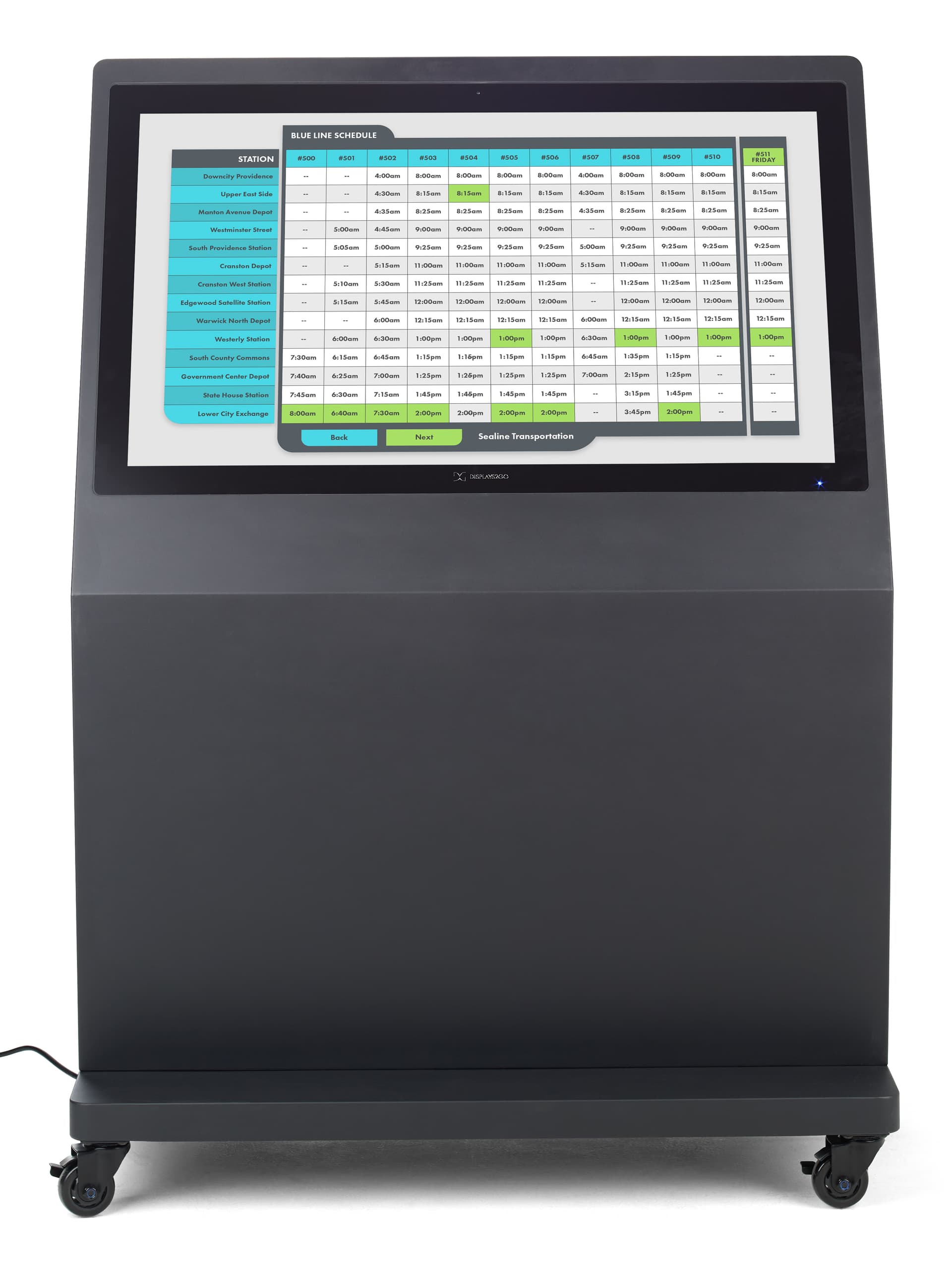 Outdoor touch screen display with a front on image showcasing a graphic of a bus schedule