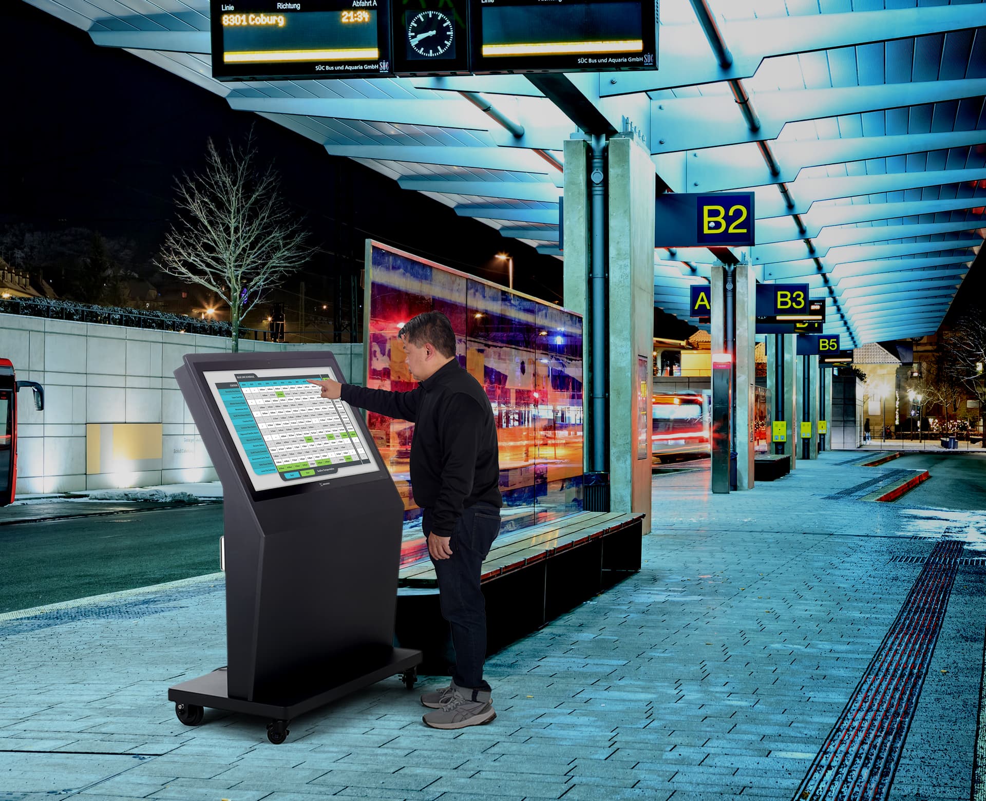 Outdoor touch screen display with a unit being utilized in a public transit area