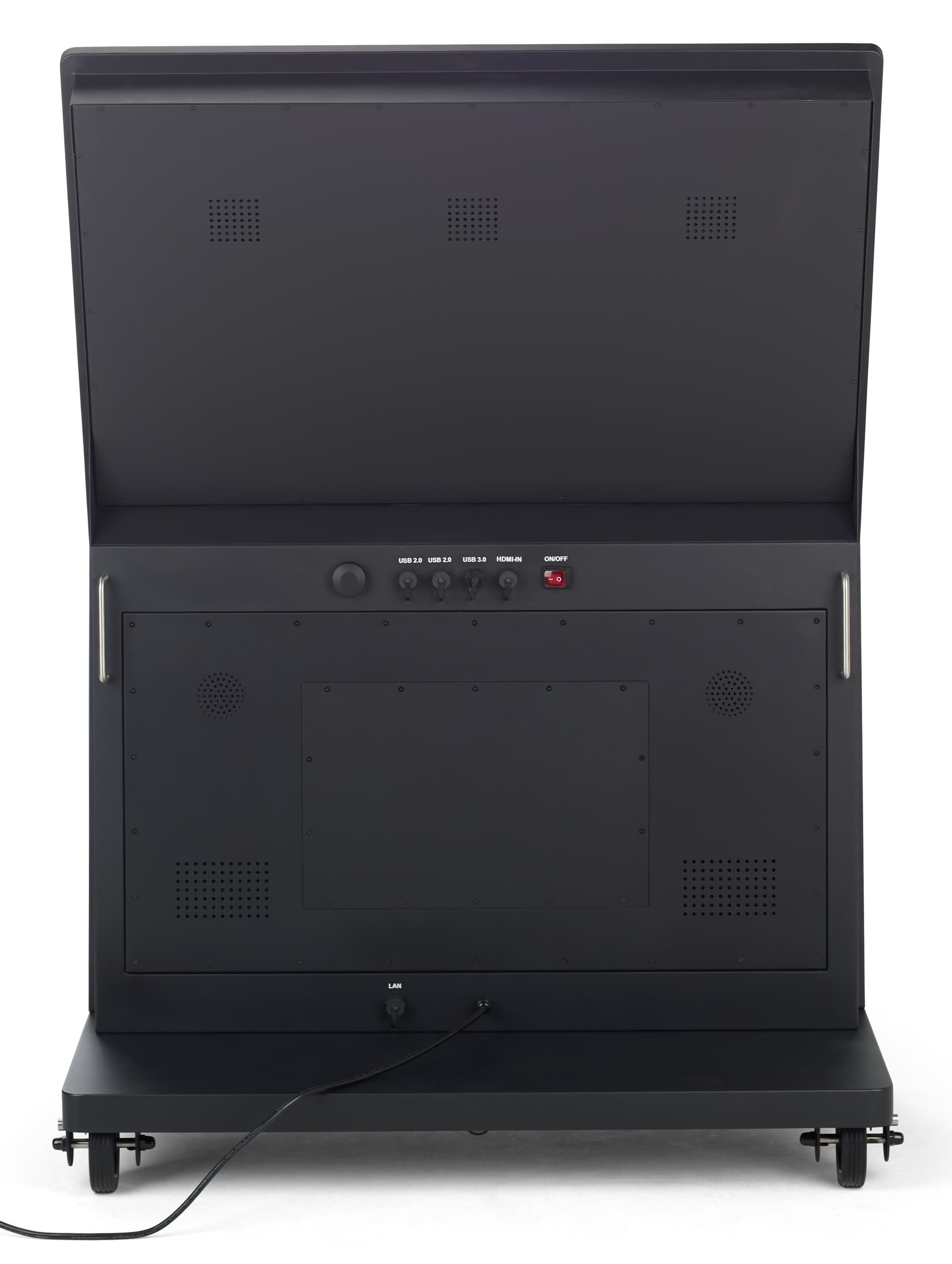 Outdoor touch screen display with a back image where the ports, speakers, power switch, and maintenance door are located