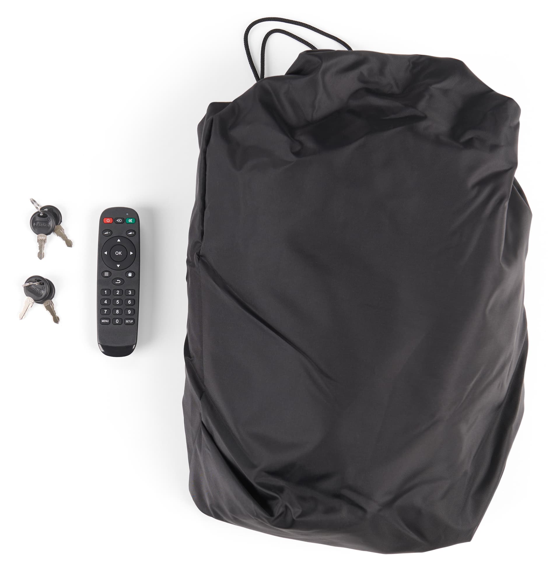 Outdoor touch screen display showcasing the included kit shot of two keys, remote, and cover