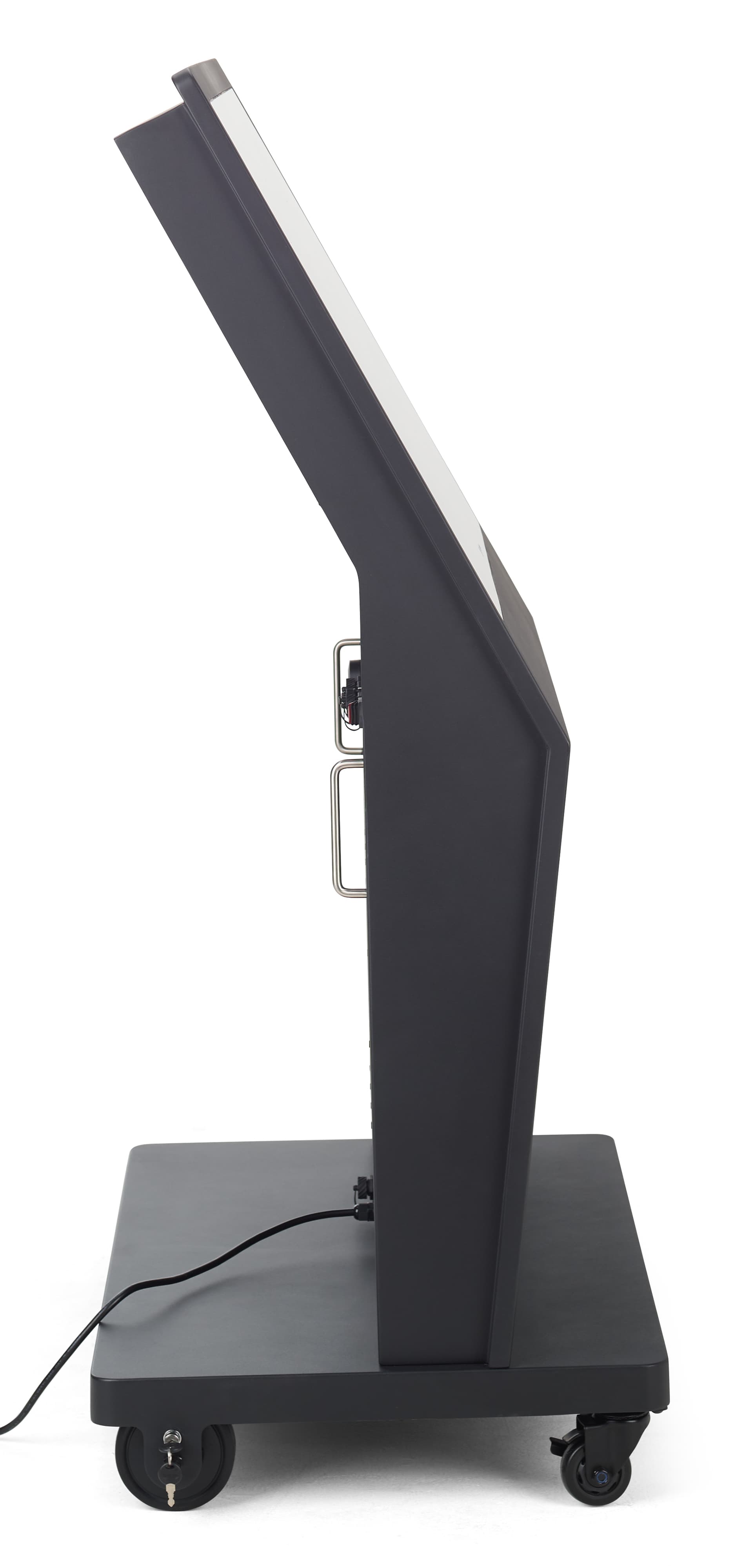 Outdoor touch screen display showcasing the sleek angled side angle of this robust outdoor unit