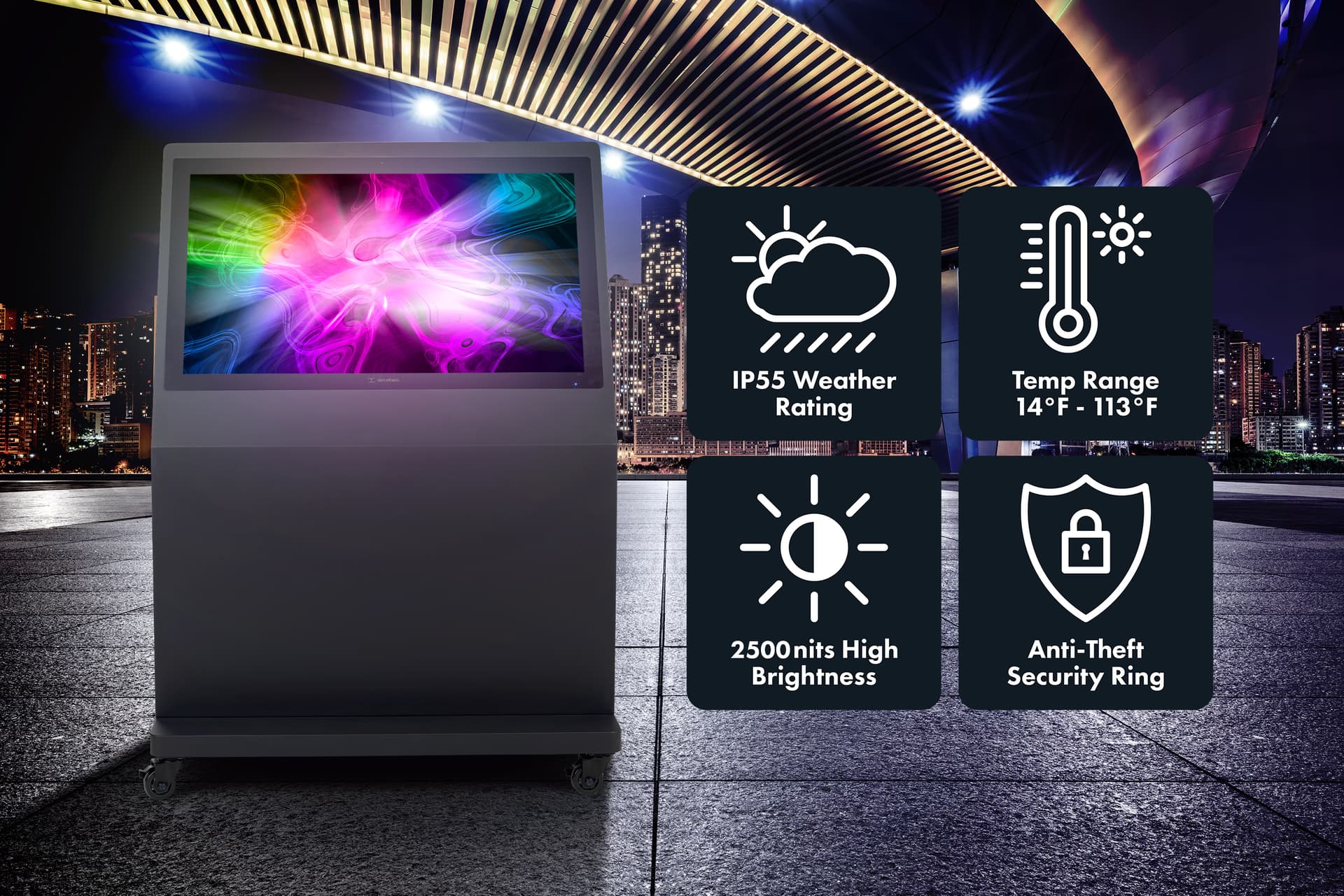 Outdoor touch screen display with an IP55 rating, wide temperature range, 2500nits of high brightness, and an anti-theft security ring