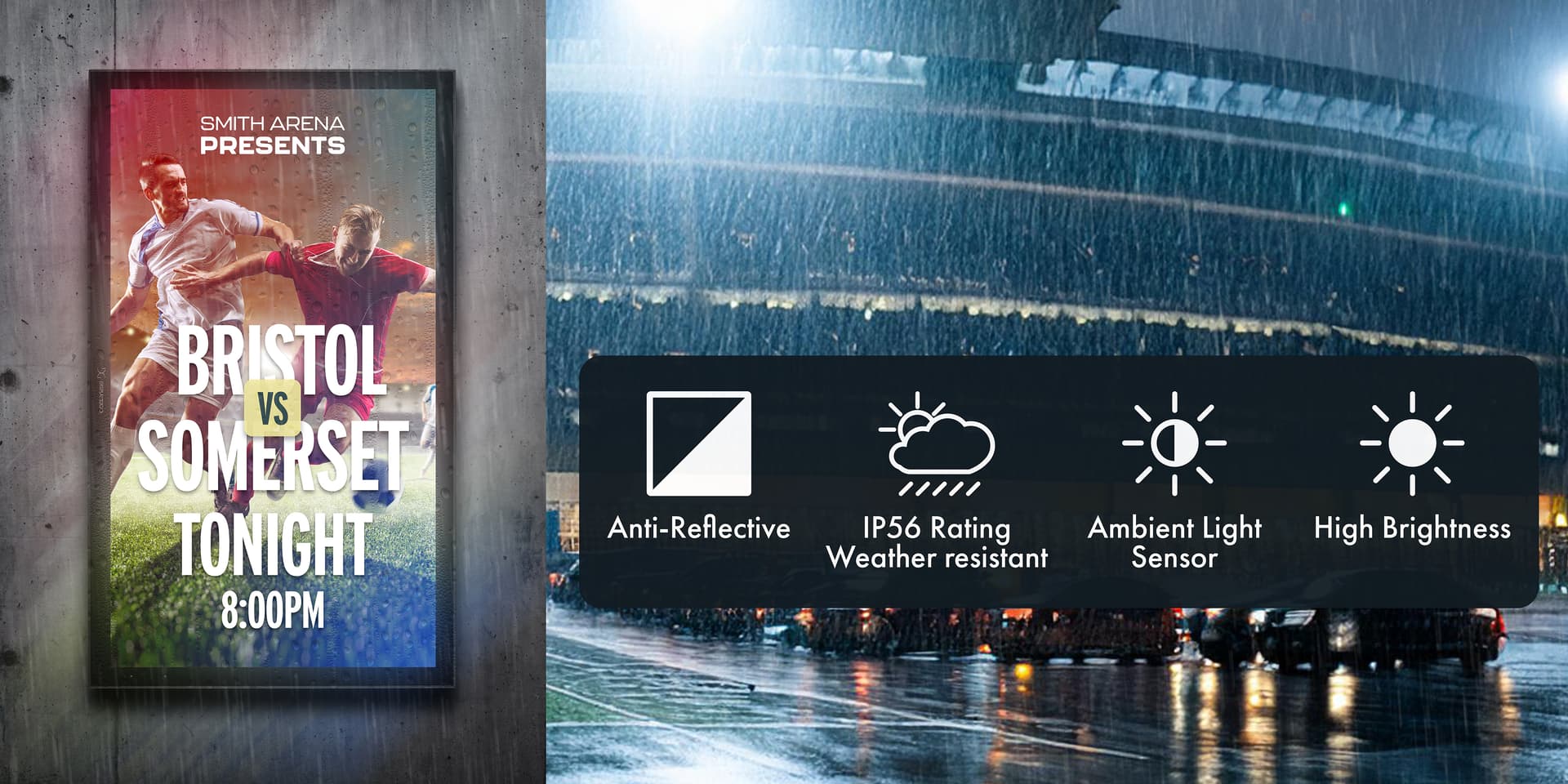Outdoor LCD display with features like anti-reflective tempered glass, IP56 rating weather resistance, ambient light sensor, and high brightness