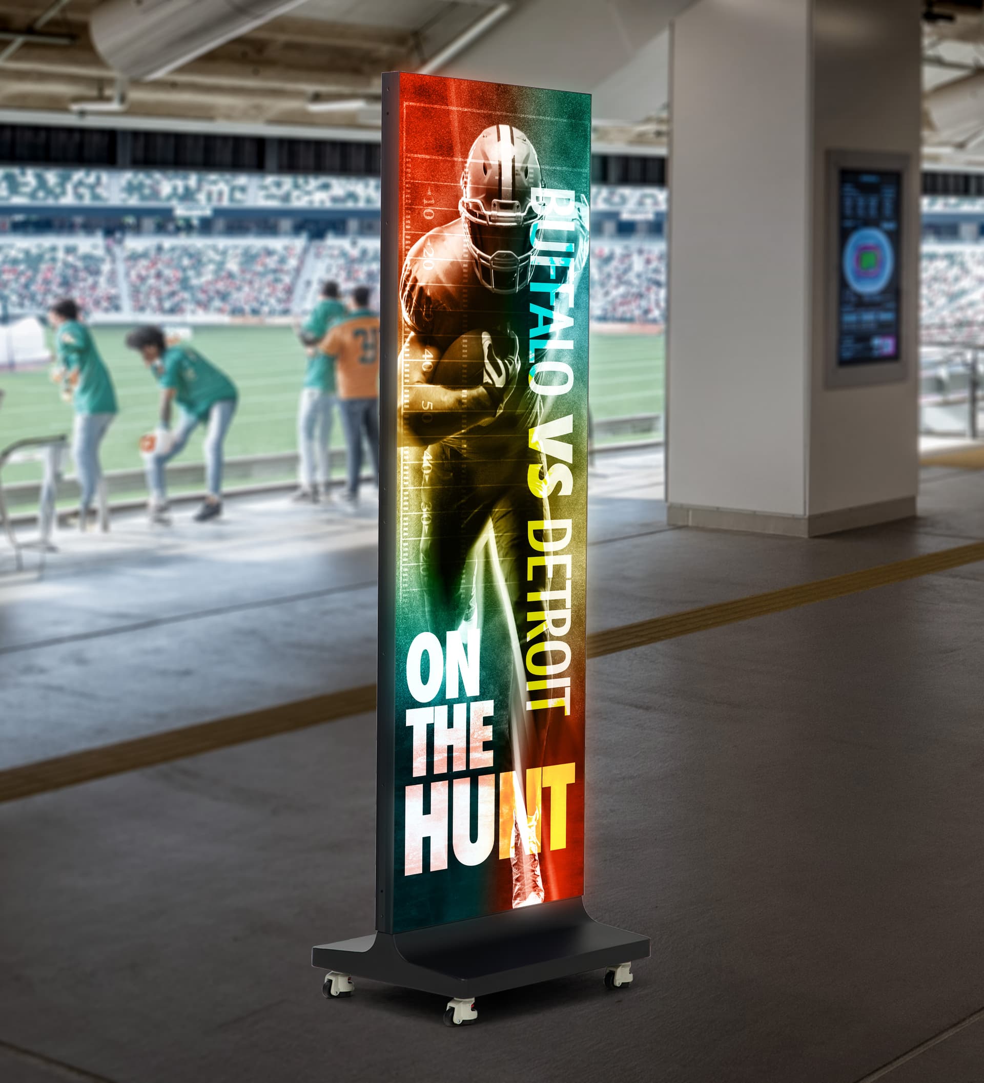 Foldable LED poster with the poster being used within a football stadium in its full display orientation