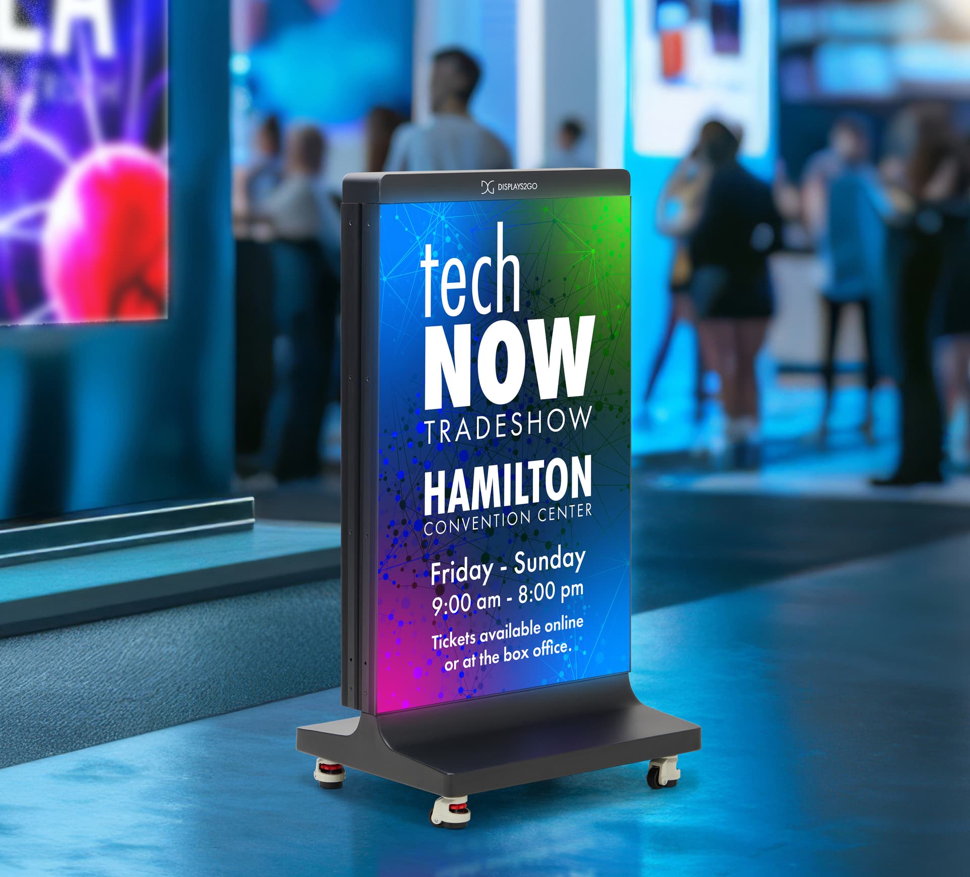 Foldable LED poster being shown in a trade show environment in its folding orientation
