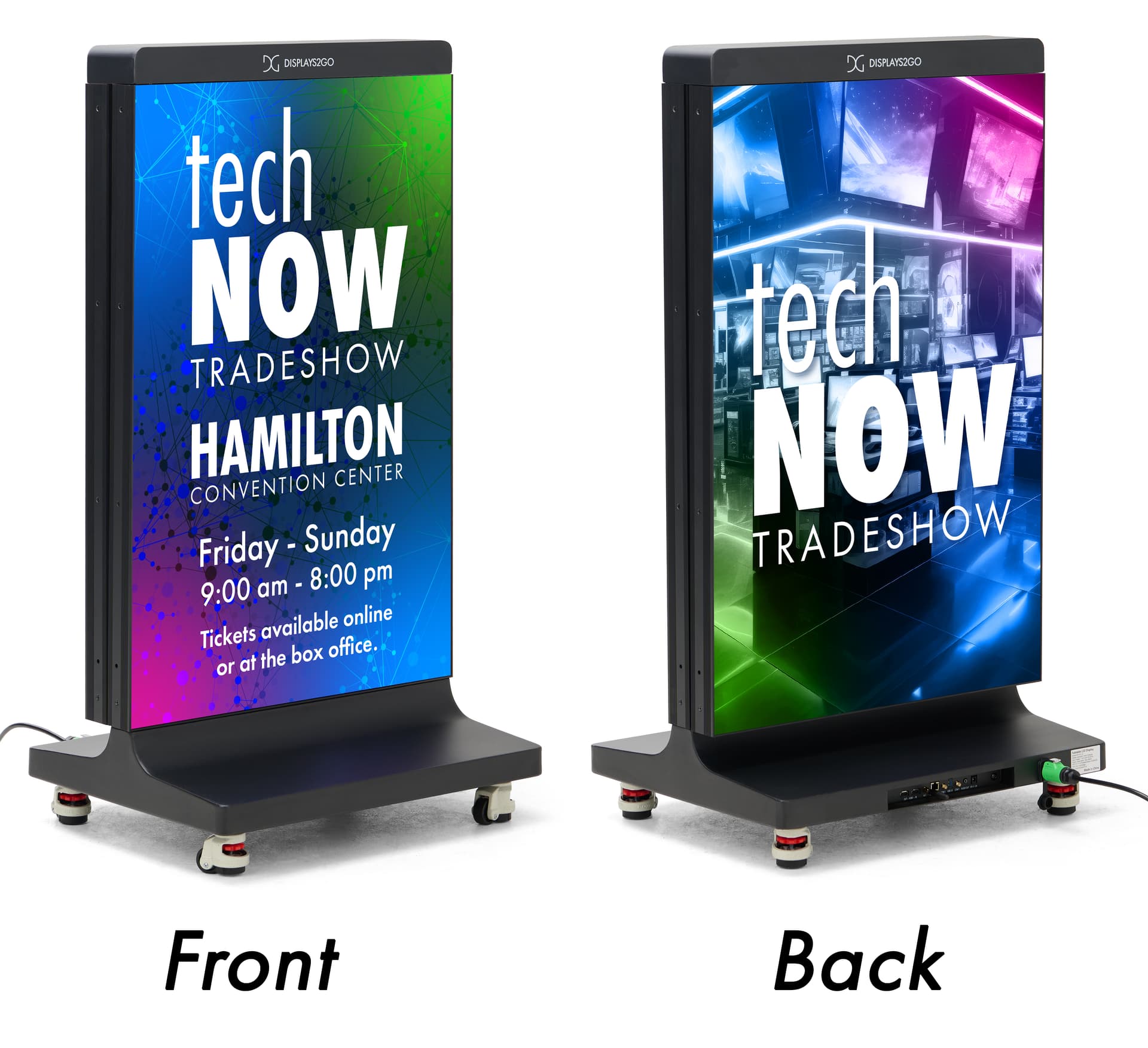 Foldable LED poster showcasing the front and back of the unit displaying content independently from one another