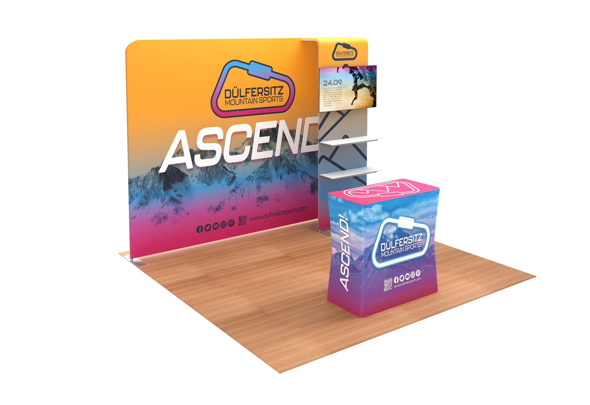 10x10 trade show booth display with counter and shelves