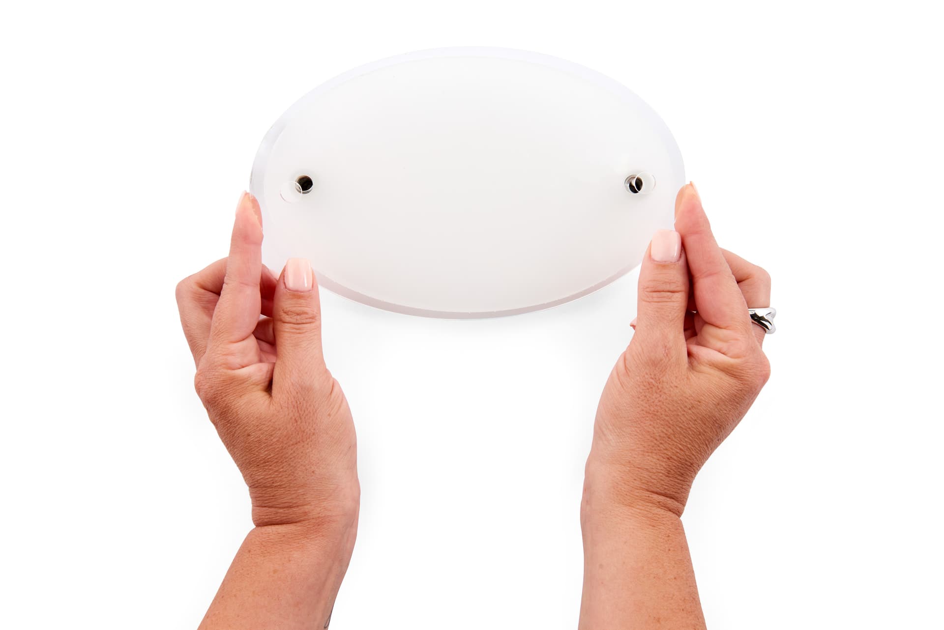 Recycled acrylic custom oval directory signs easily mount to a door or wall surface