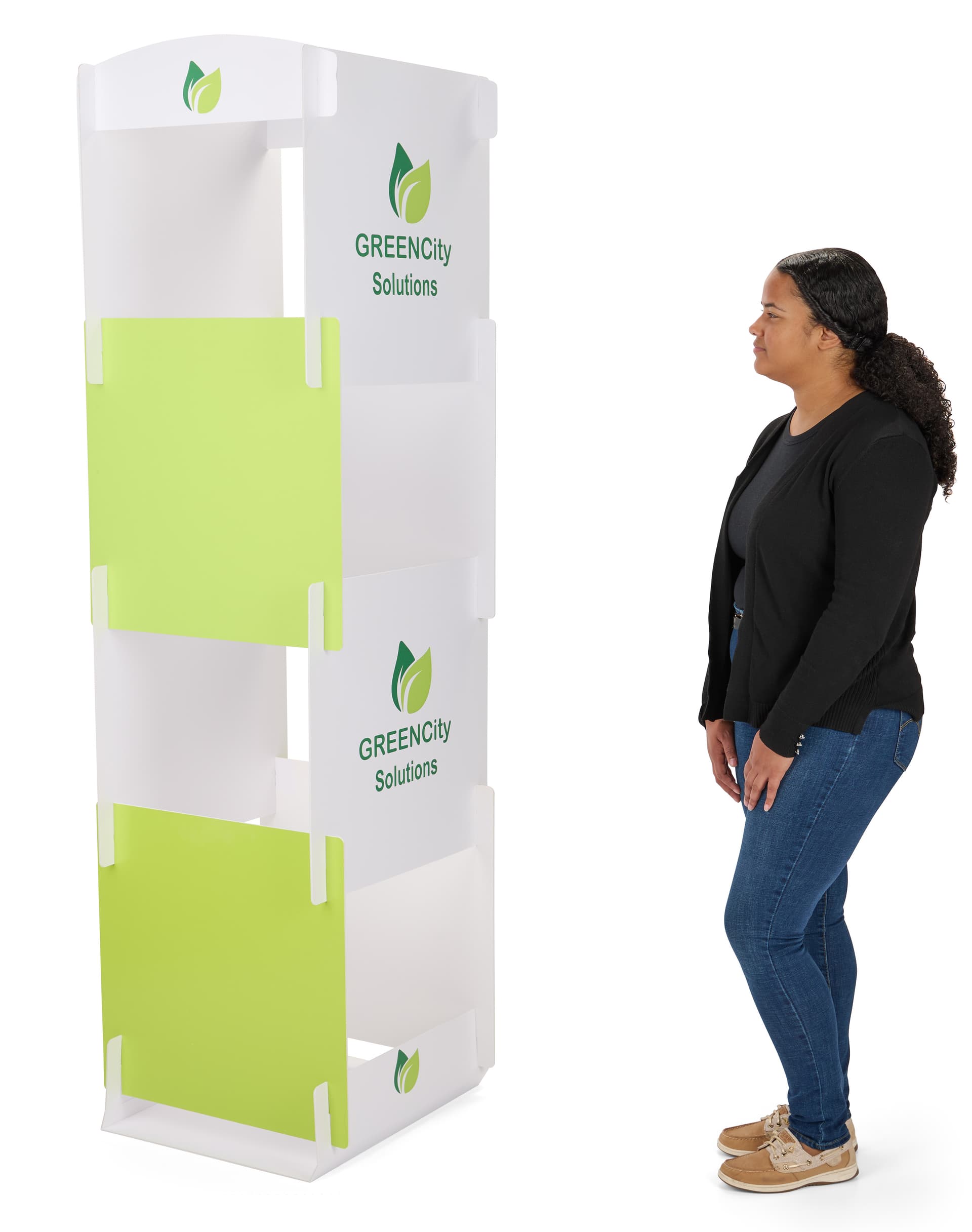 Flat pack cube display signage with 2 headers 