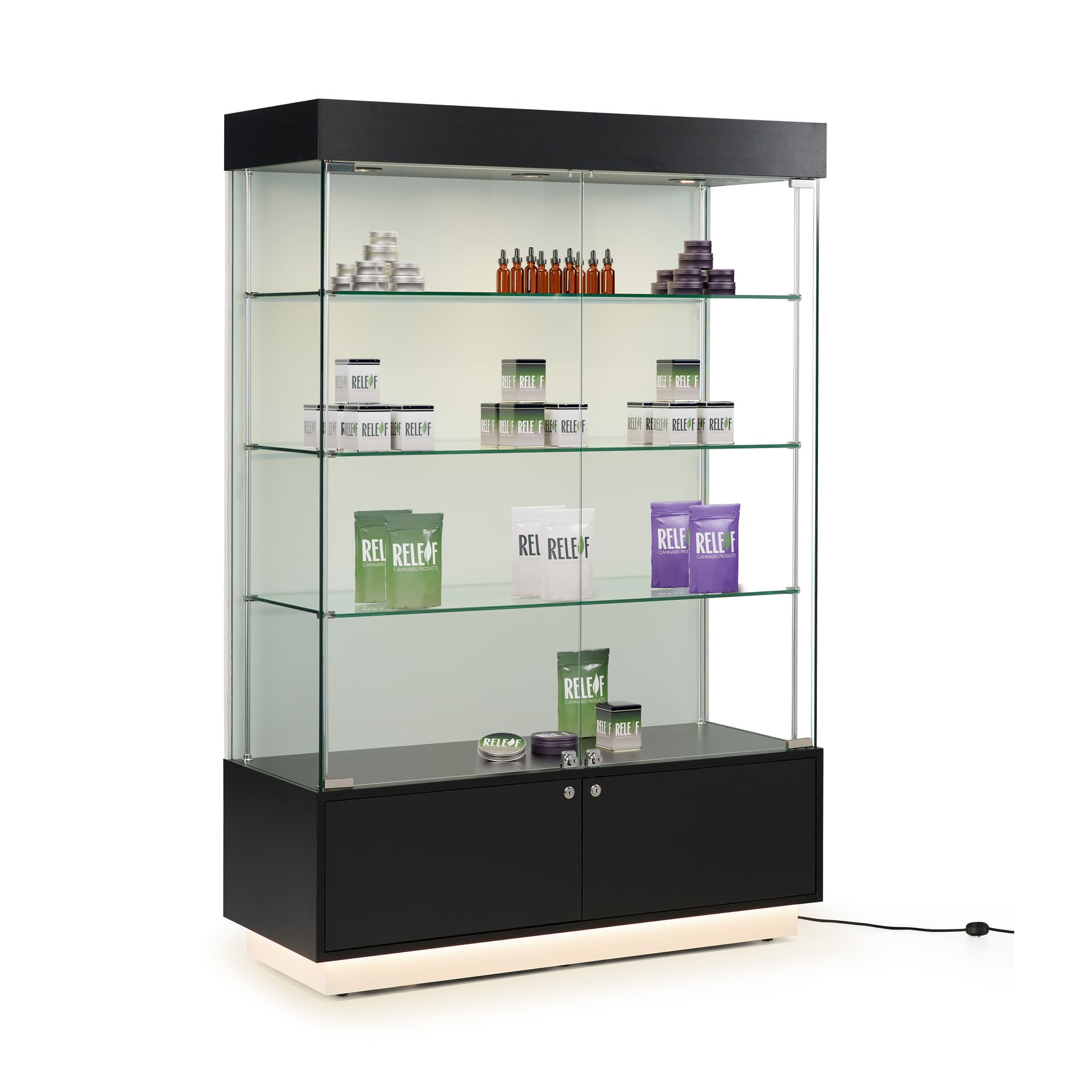 Light up display case with storage