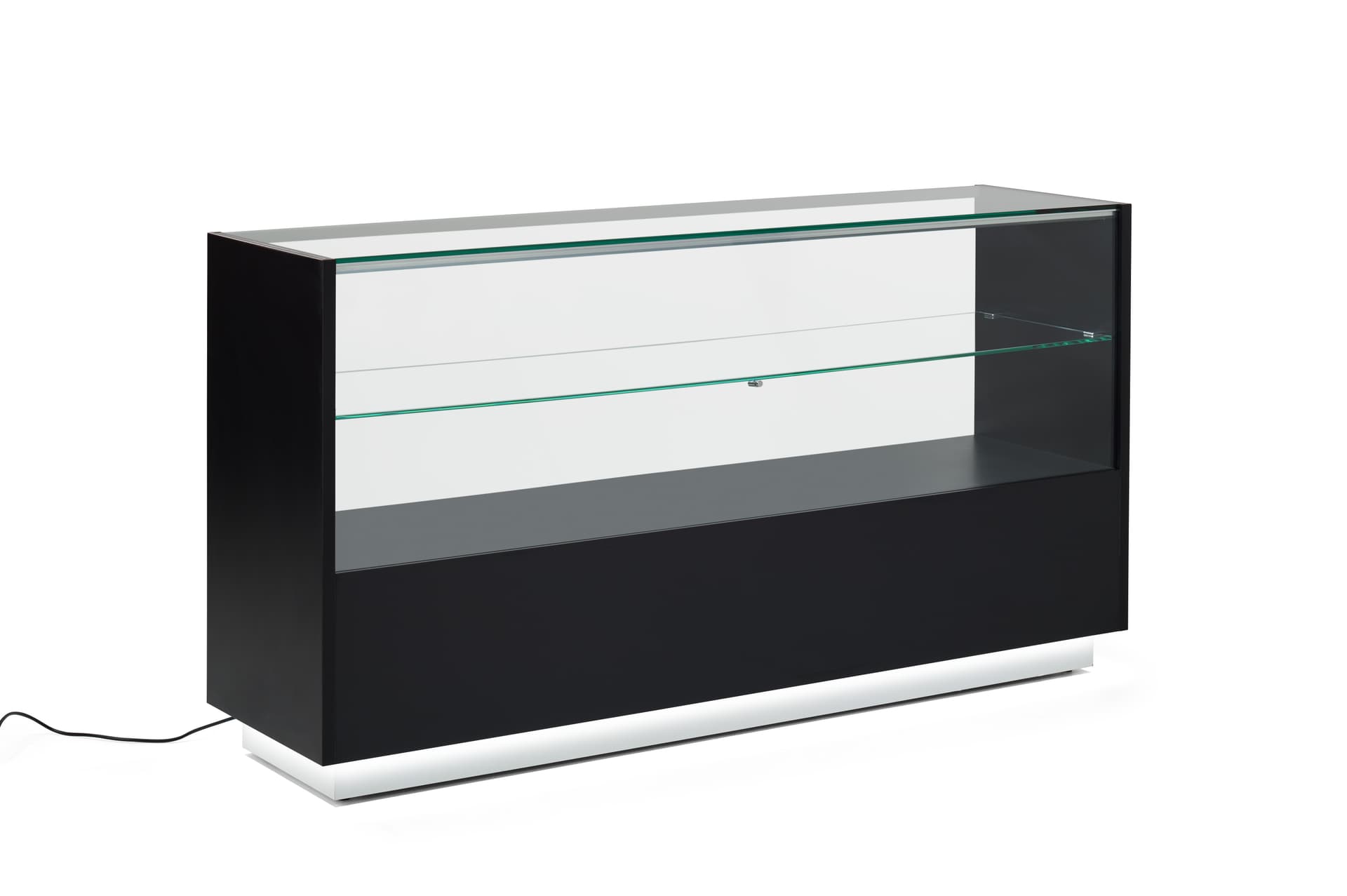 Glass showcase counter with illuminated toe-kick