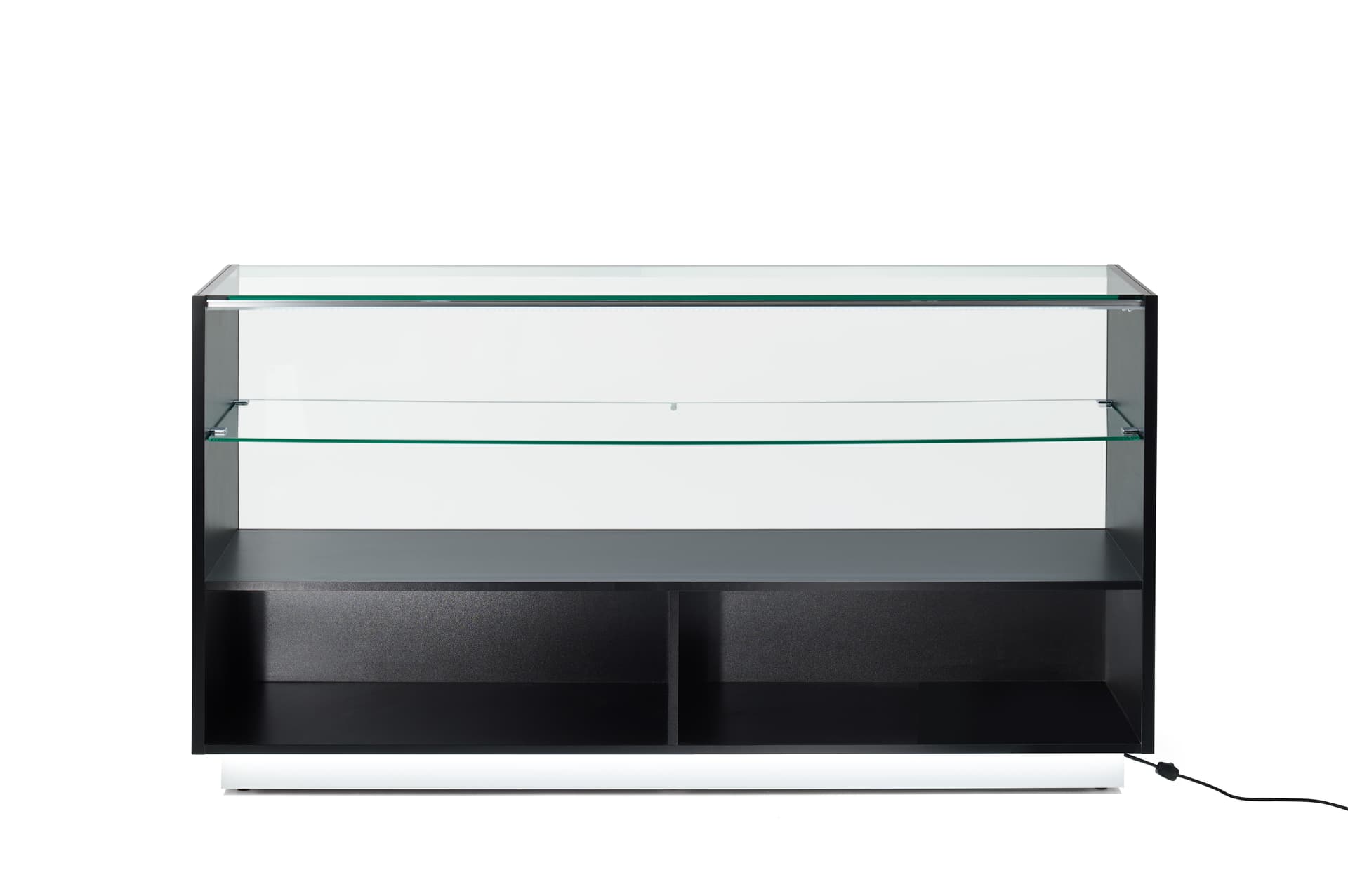 Glass showcase counter with divided open storage in rear