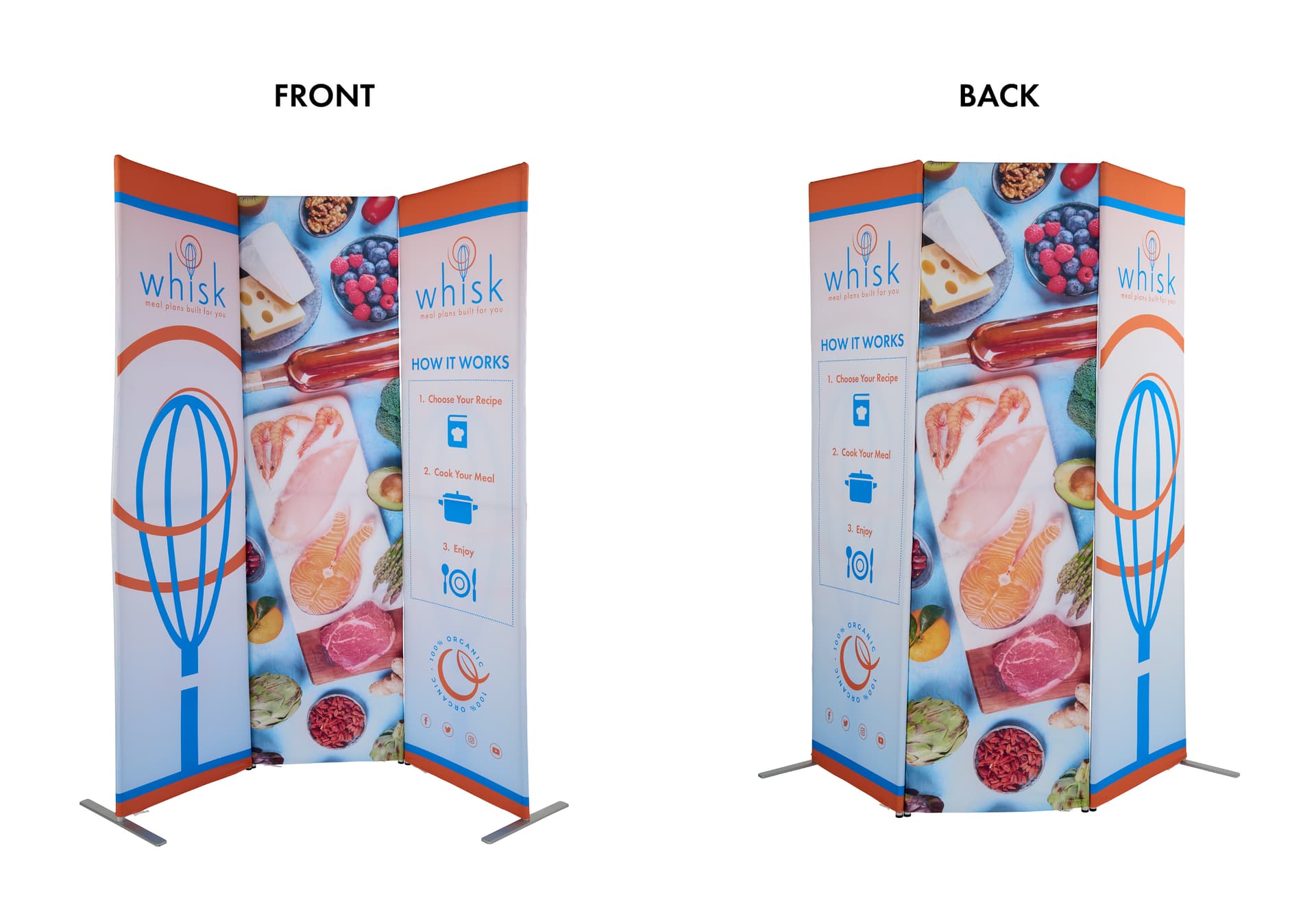 Fabric banner display stand with graphics on both sides