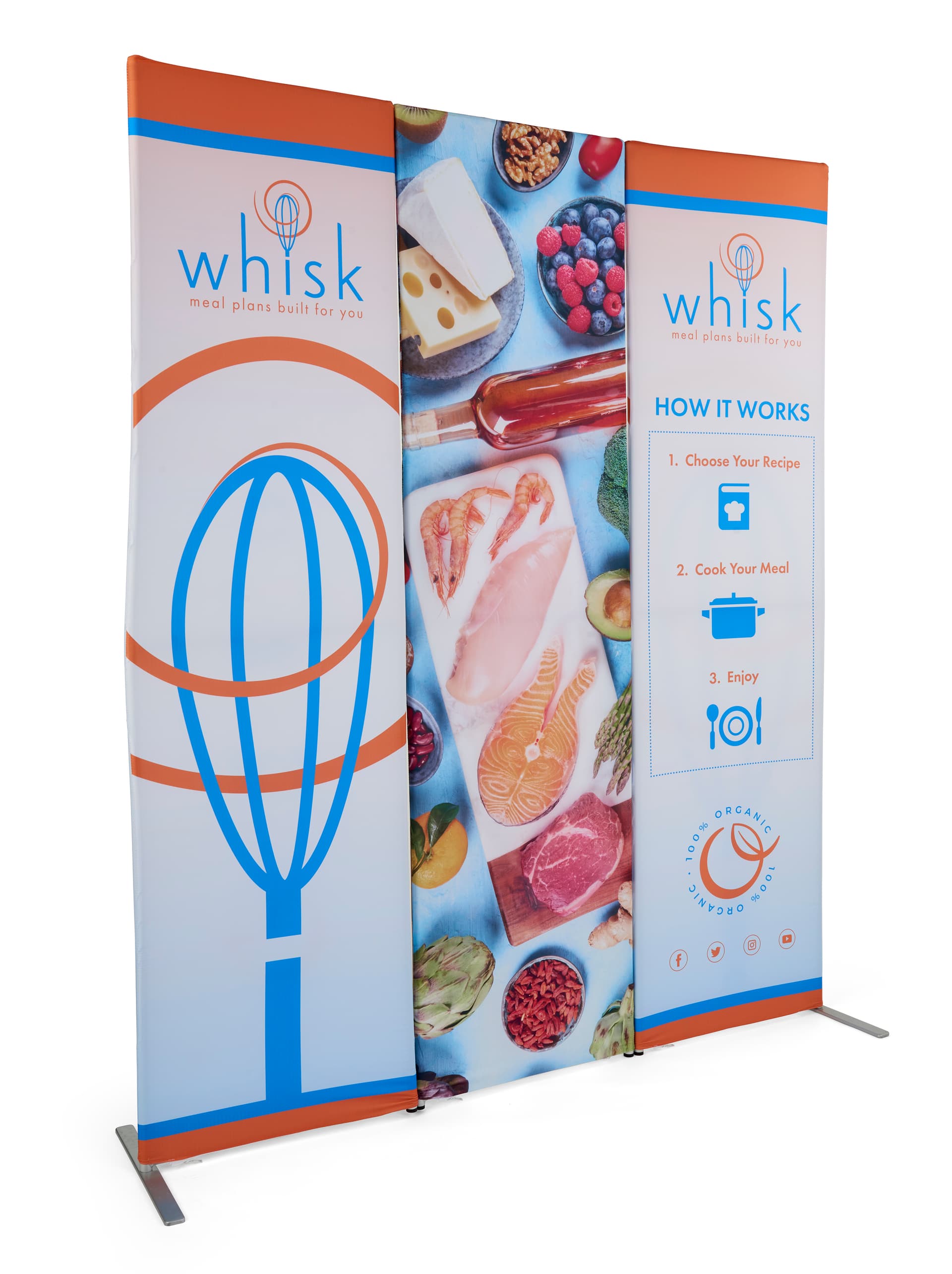 Fabric banner display stand with black nylon carrying bags