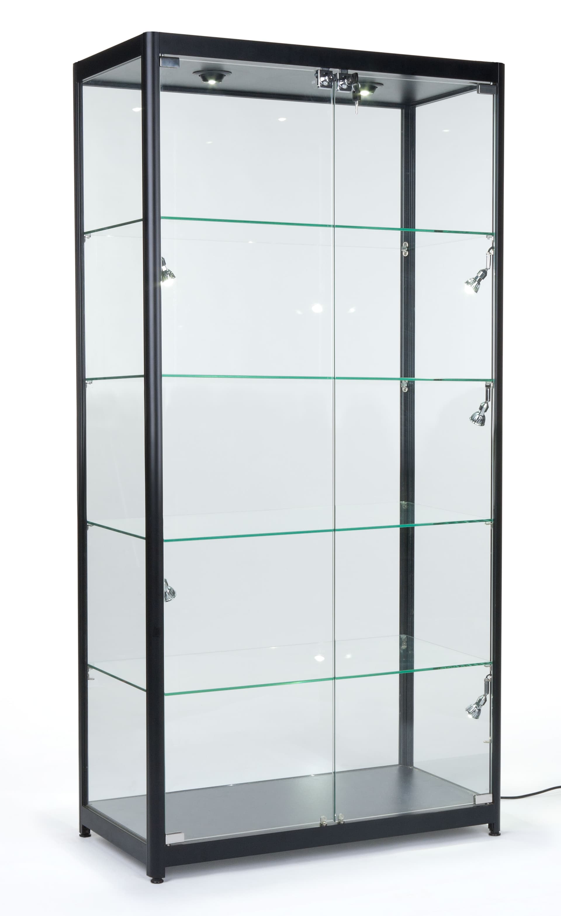 Locking Showcase Featuring Tempered Glass Supported By A Black Aluminum Frame