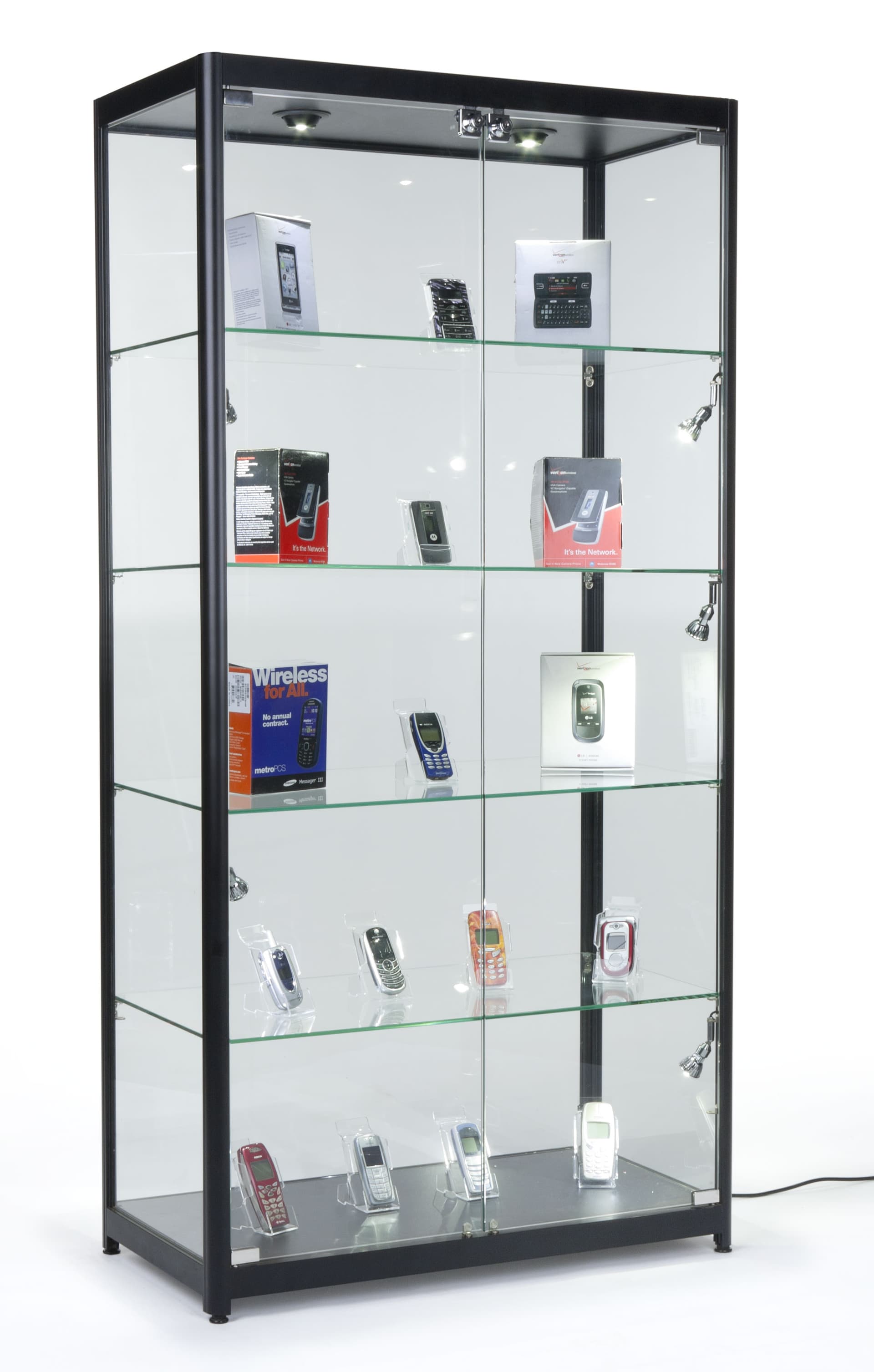 Locking Showcase Featuring Tempered Glass Supported By A Black Aluminum Frame