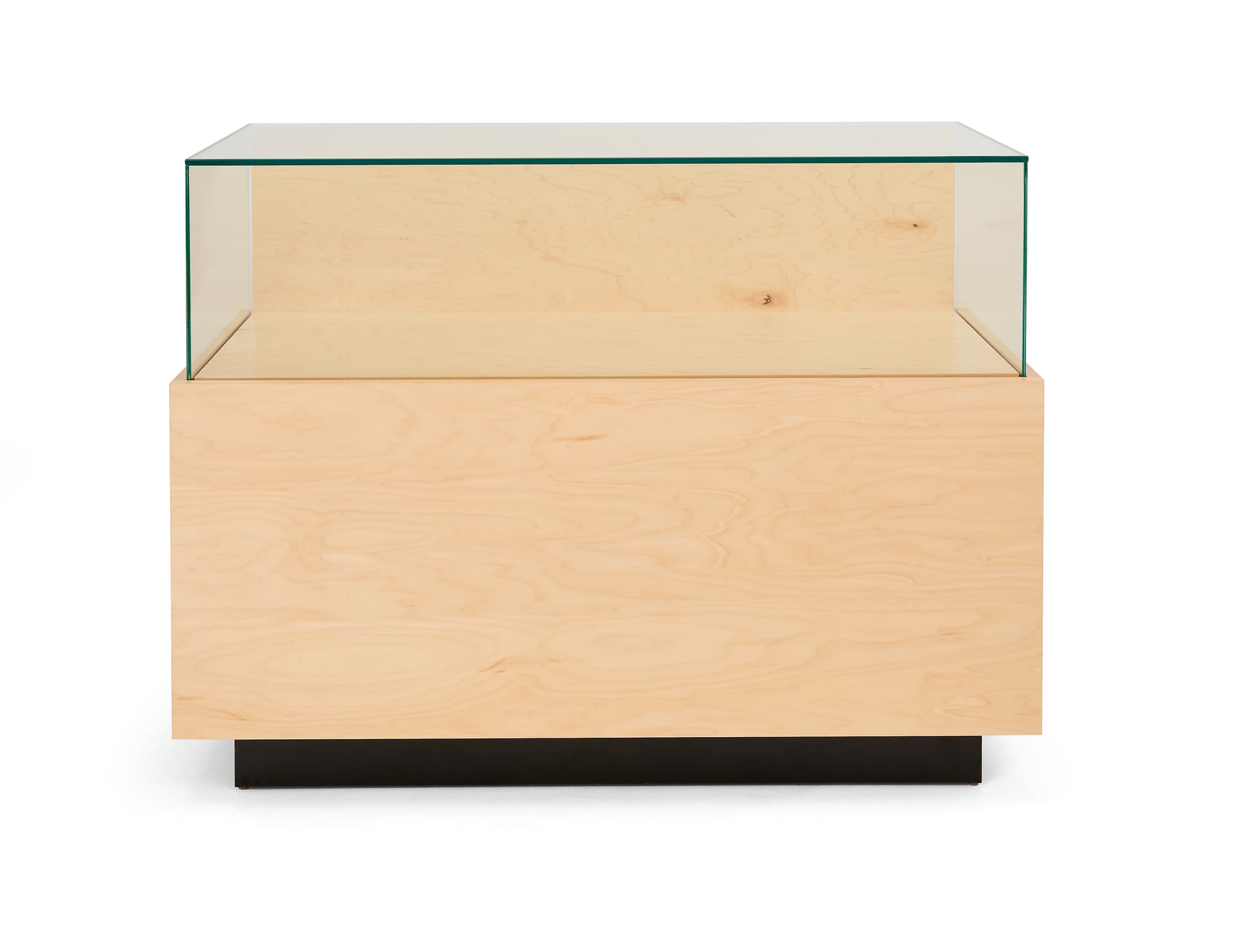 Wooden display counter with black toe kick